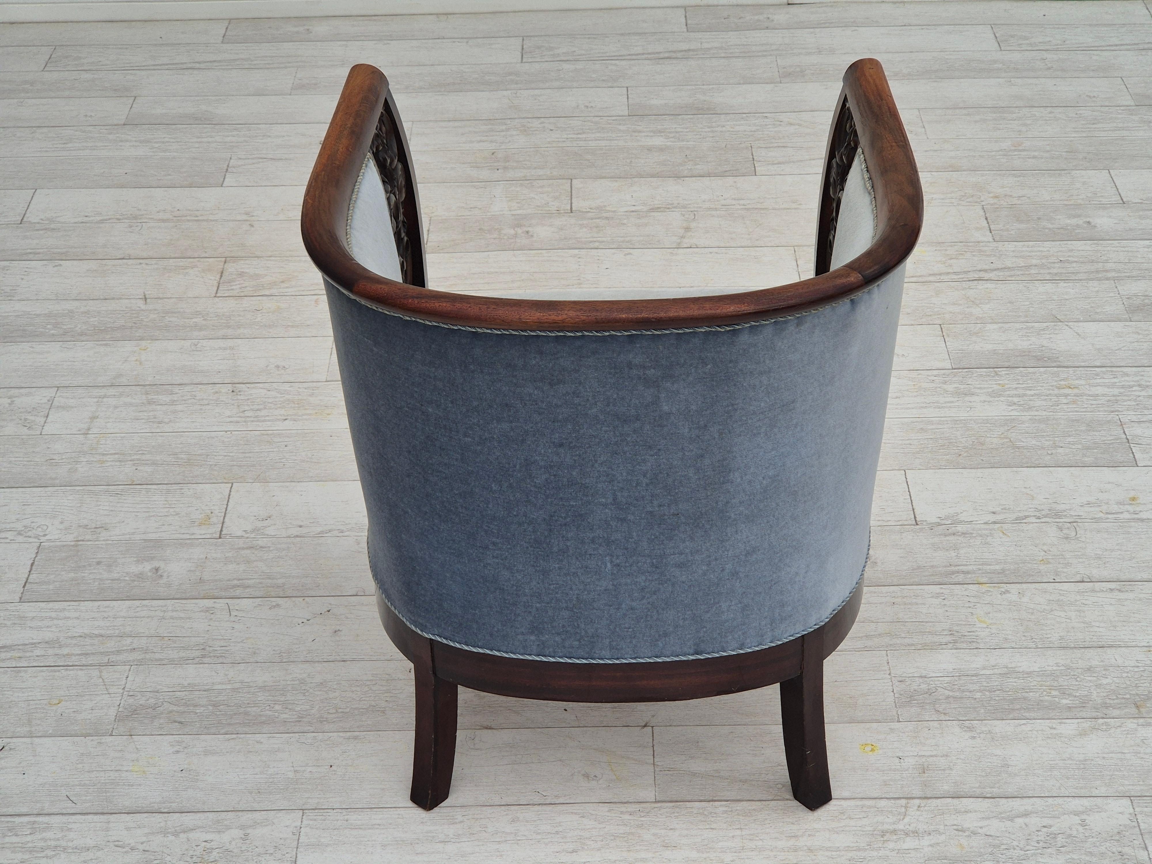 1950s, Danish lounge chair, original condition, light blue furniture velour. For Sale 1