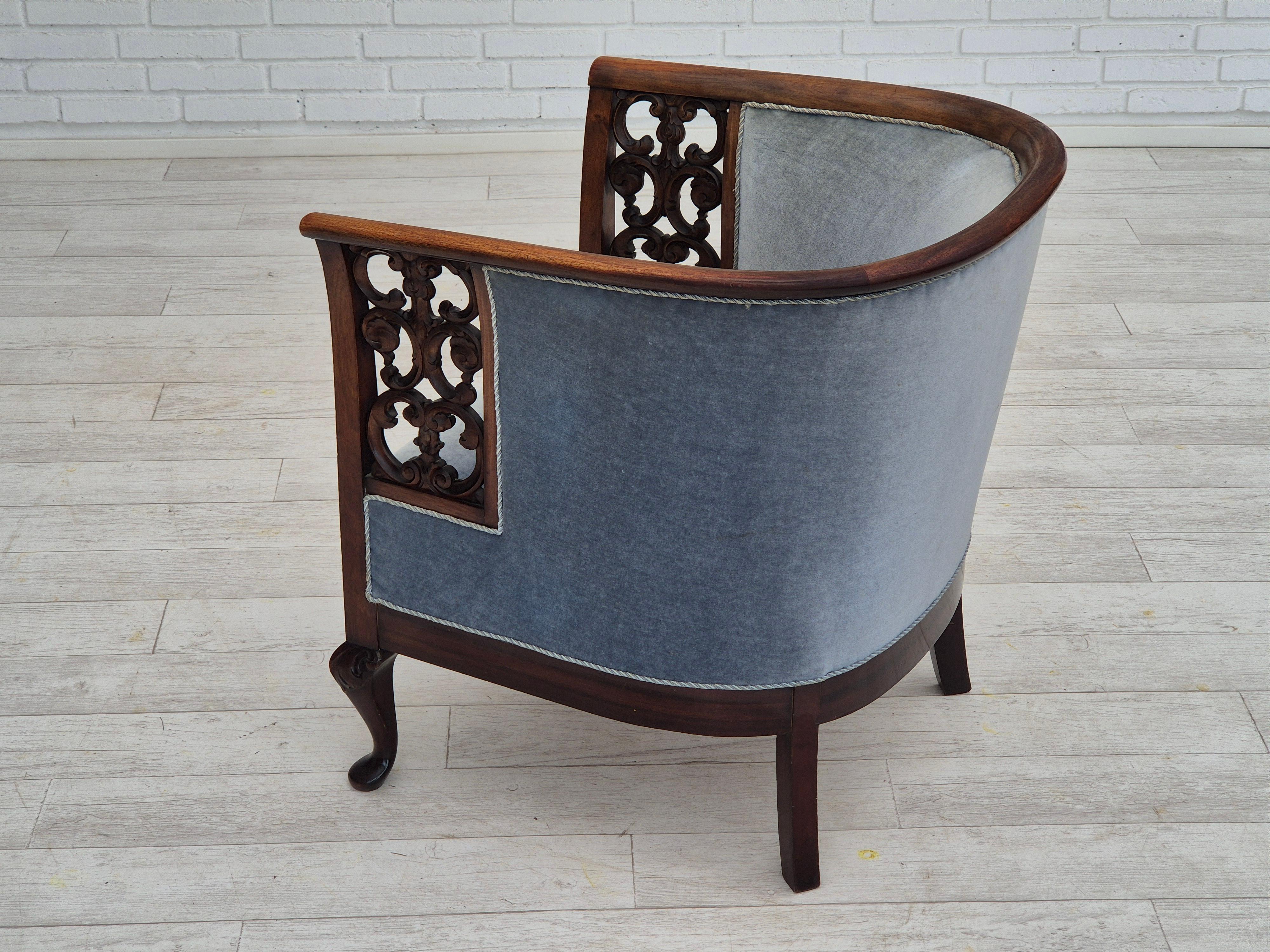1950s, Danish lounge chair, original condition, light blue furniture velour. For Sale 2