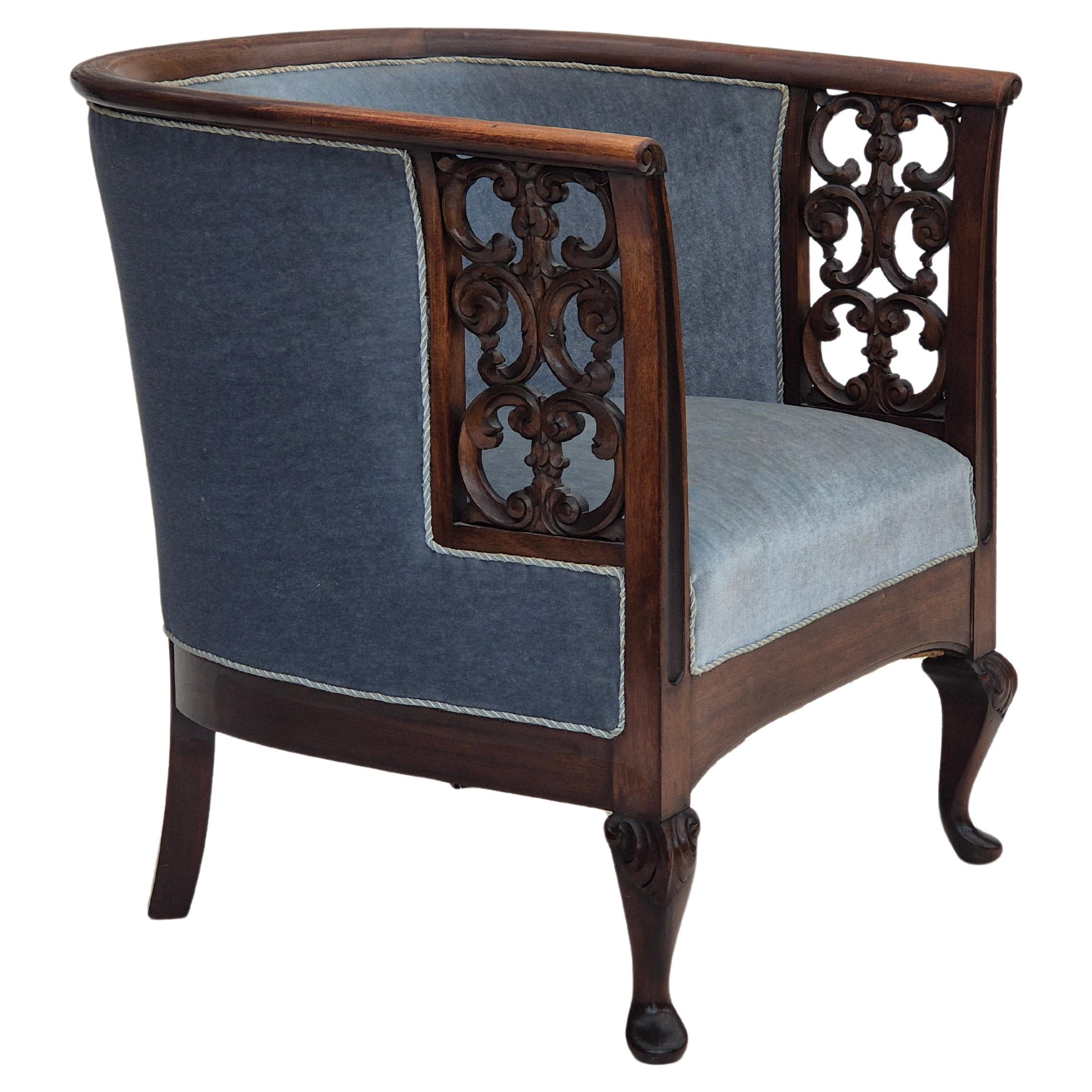 1950s, Danish lounge chair, original condition, light blue furniture velour. For Sale