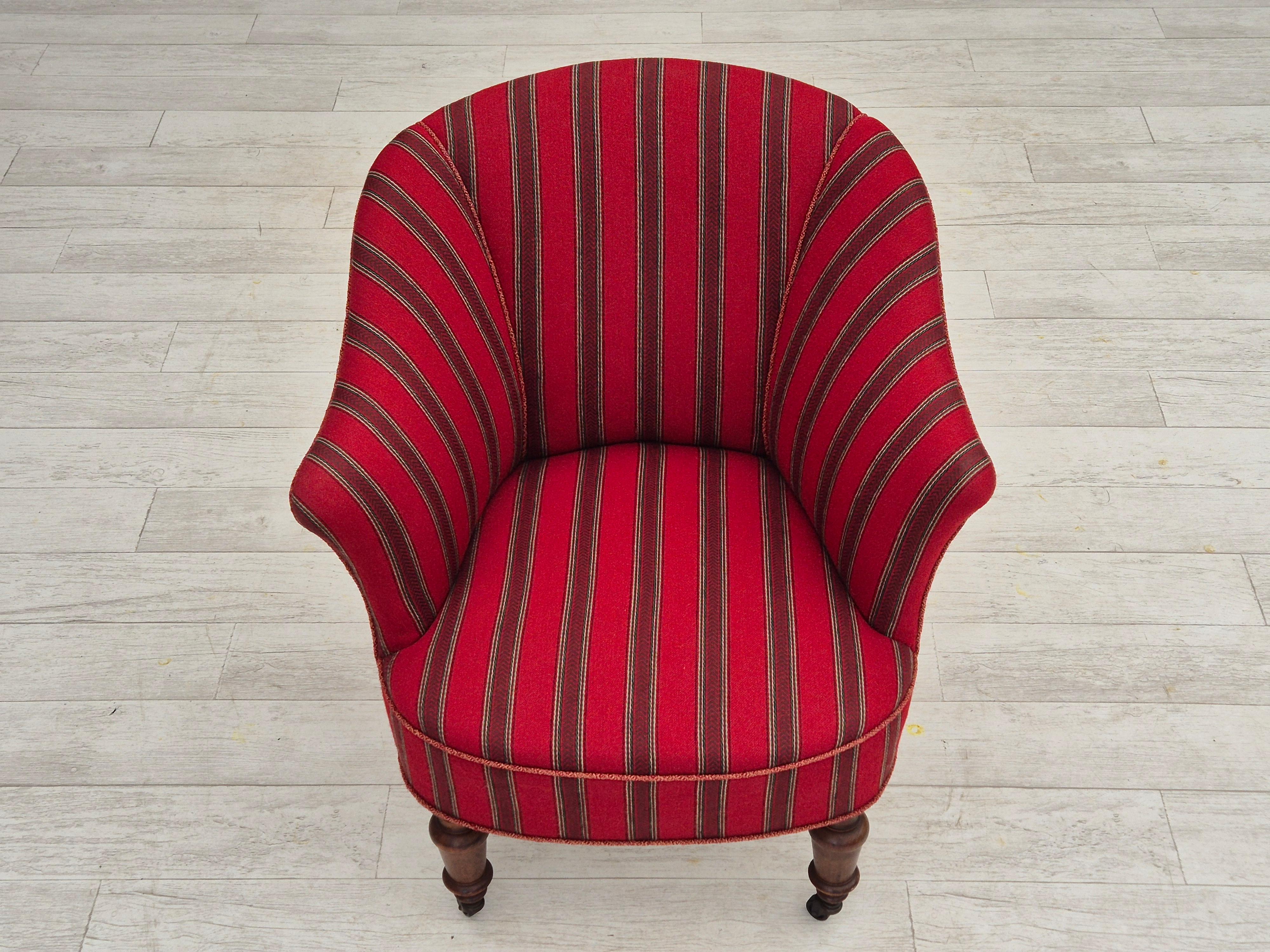 Wool 1950s, Danish lounge chair, original condition, red furniture wool. For Sale