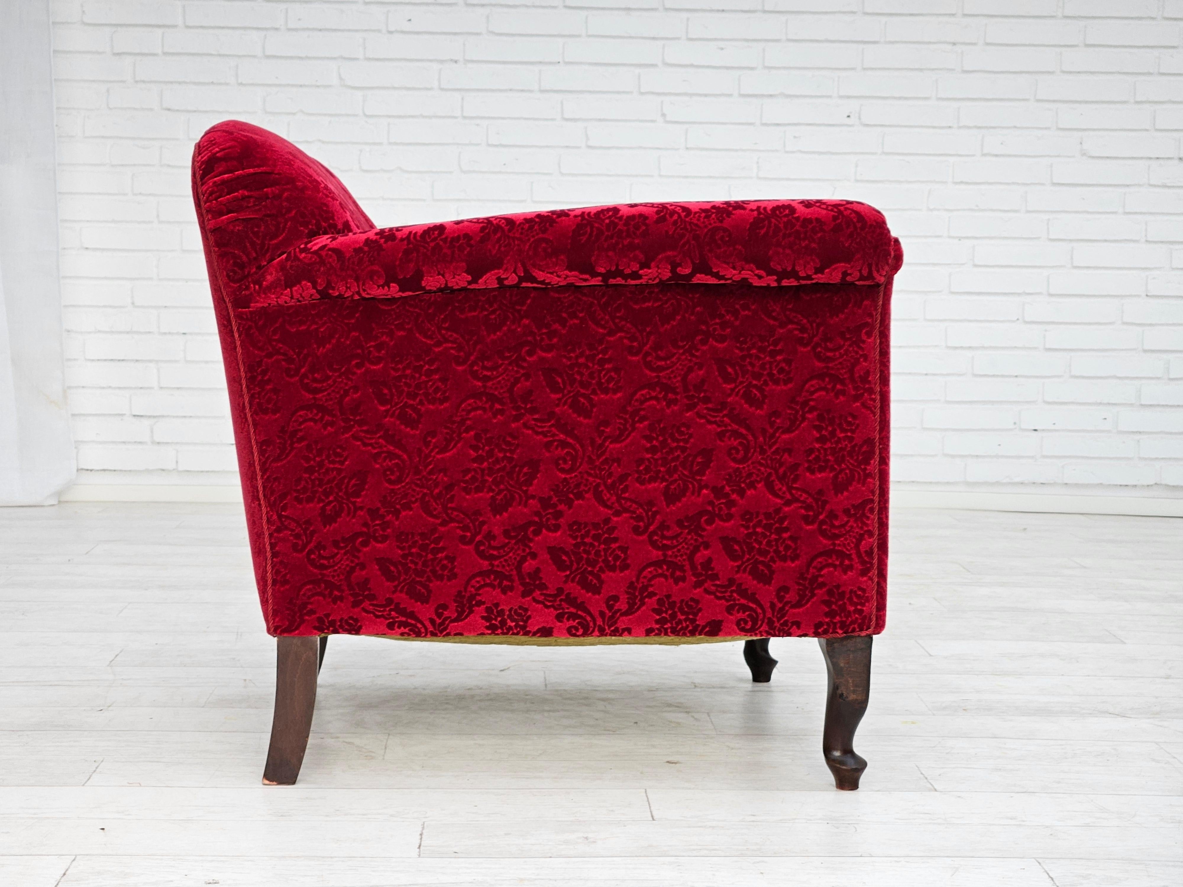 Fabric 1950s, Danish lounge chair, red cotton/wool fabric, beech wood. For Sale