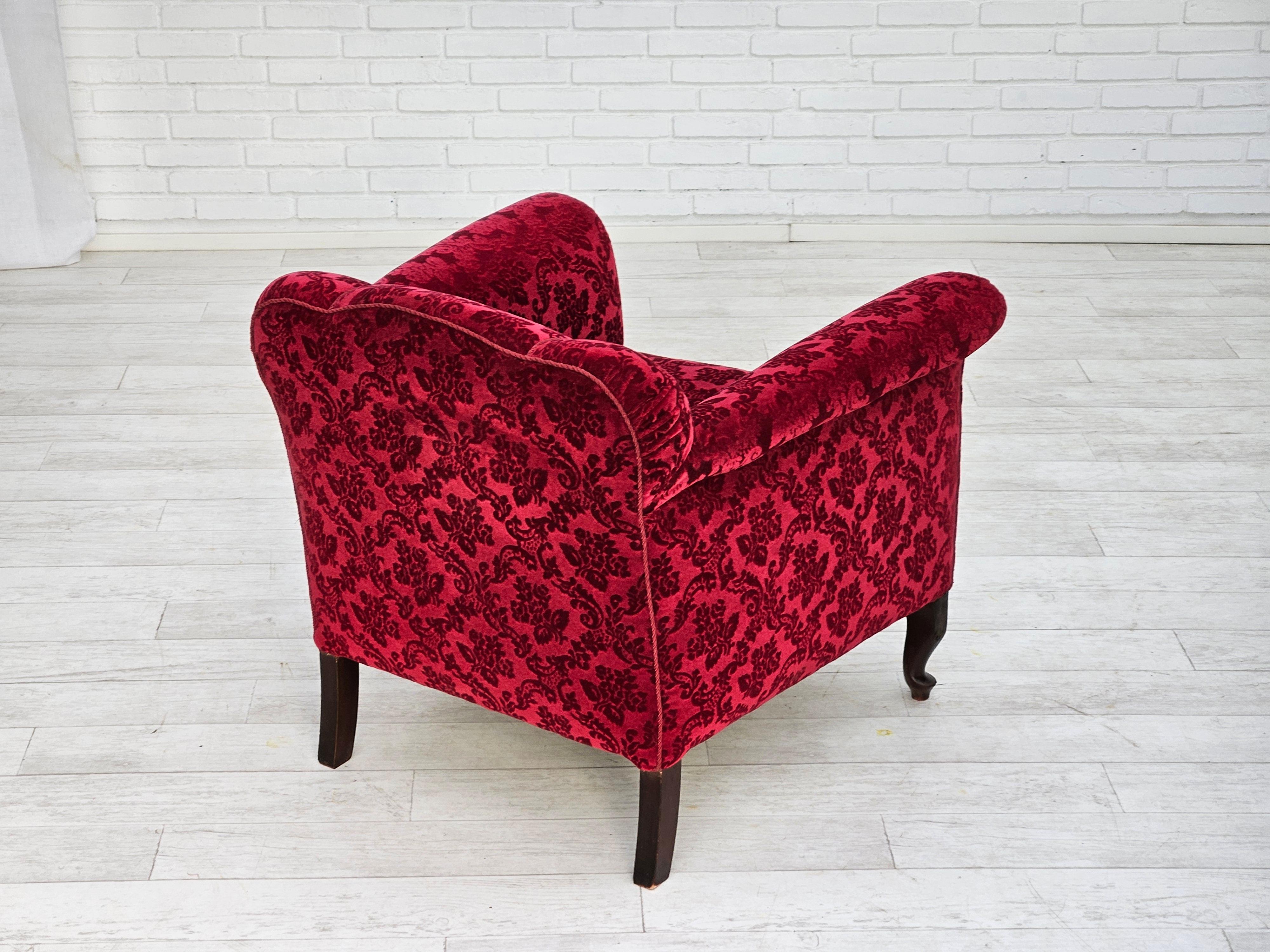 1950s, Danish lounge chair, red cotton/wool fabric, beech wood. For Sale 1