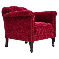 Retro 1950s, Danish lounge chair, red cotton/wool fabric, beech wood.