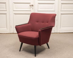1950s Danish Lounge Chair Upholstered With Bordeaux Red Fabric And teak Armrests