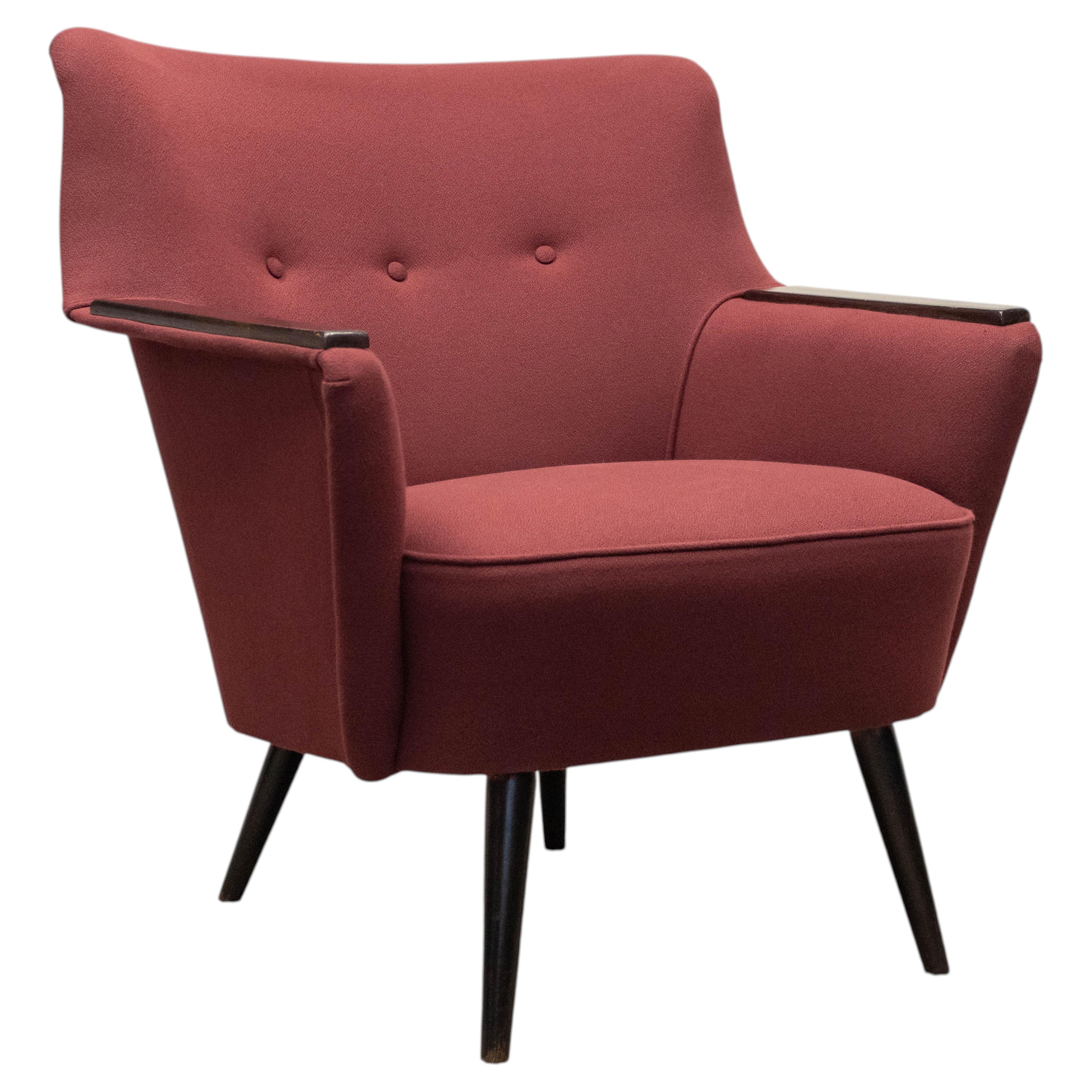 1950s Danish Lounge Chair Upholstered With Bordeaux Red Fabric And teak Armrests For Sale