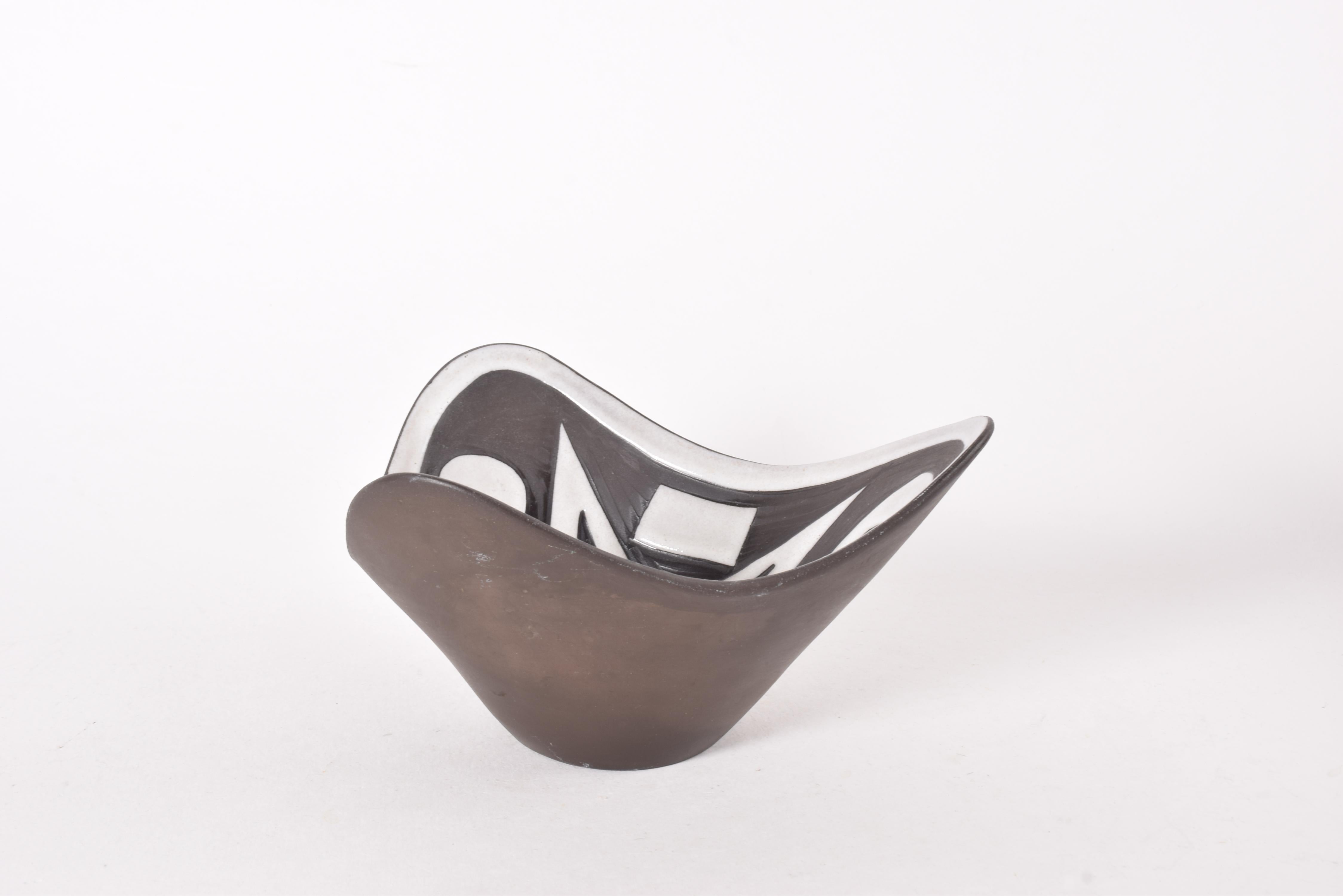 Glazed 1950s Danish Marianne Starck for MA&S Triangular Bowl Sgraffito Bird Black White For Sale