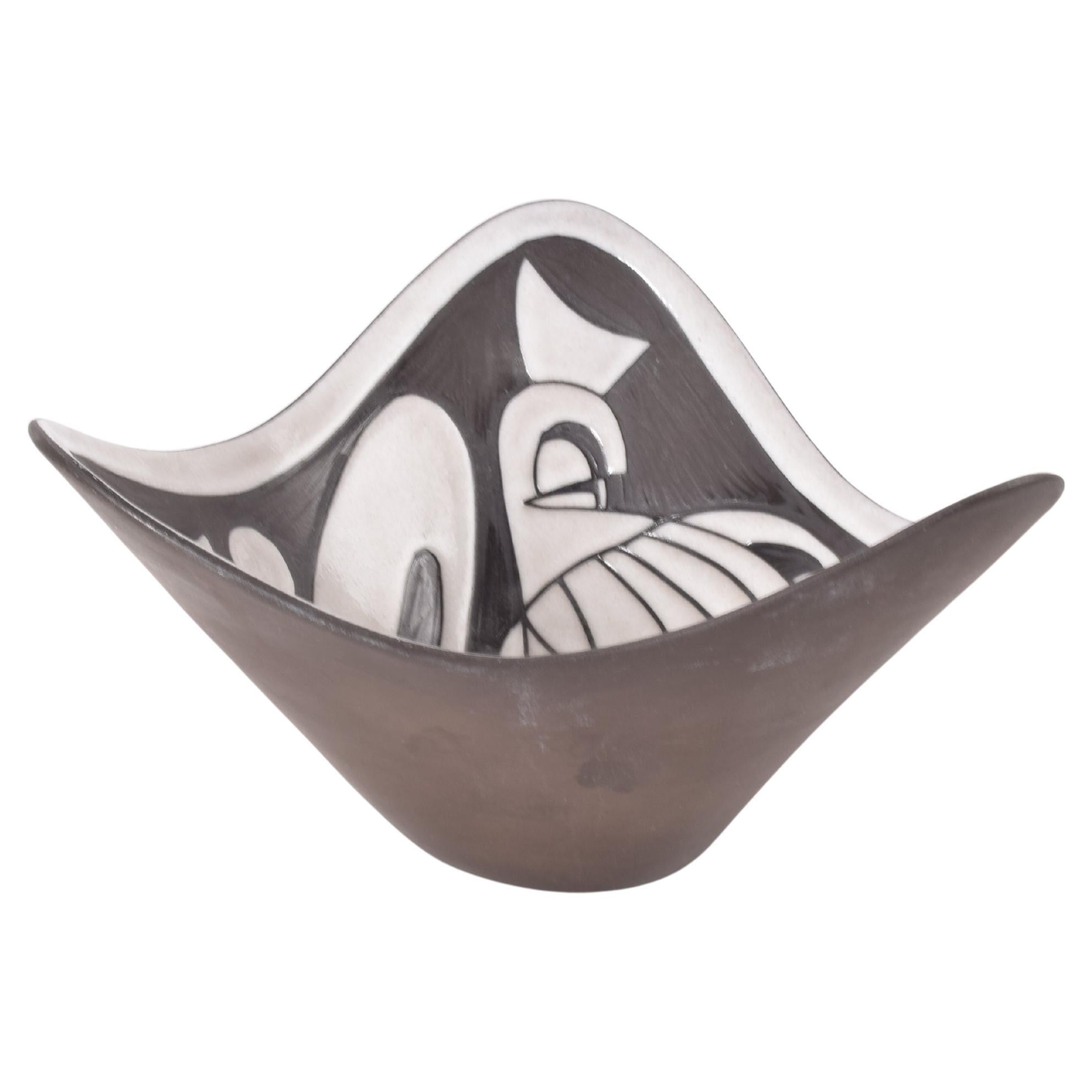 1950s Danish Marianne Starck for MA&S Triangular Bowl Sgraffito Bird Black White
