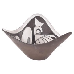 1950s Danish Marianne Starck for MA&S Triangular Bowl Sgraffito Bird Black White