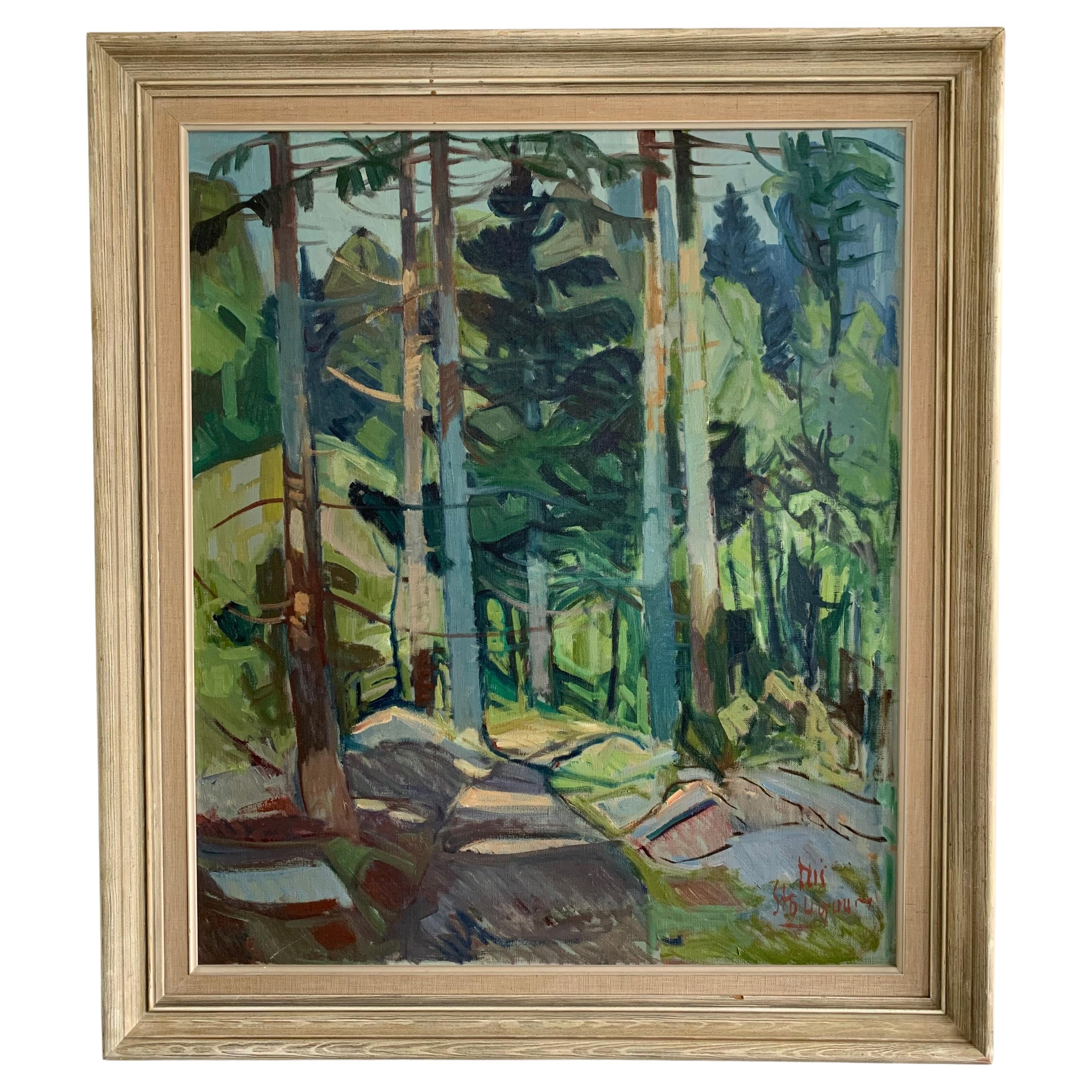 Forest scene painting by Danish painter and ceramist Nis Stougaard (1906-1987) in beautiful colors.

Signed lower left 'Nis Stougaard'. 

Frame included and measures accordingly. Painting would benefit much from new framing.   

