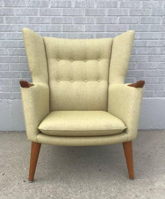 1950s Danish Modern Teak Paw Wingback Armchair in Tweed Fabric