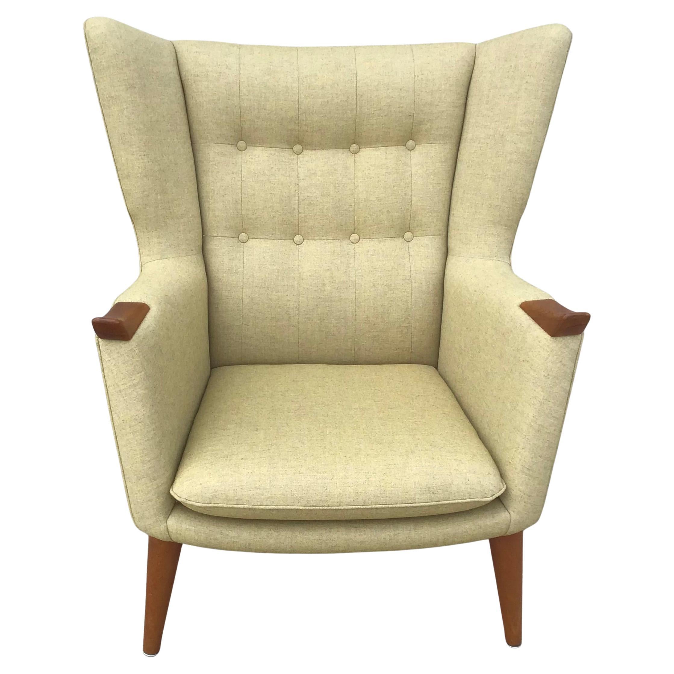 1950s Danish Modern Teak Paw Wingback Armchair in Tweed Fabric
