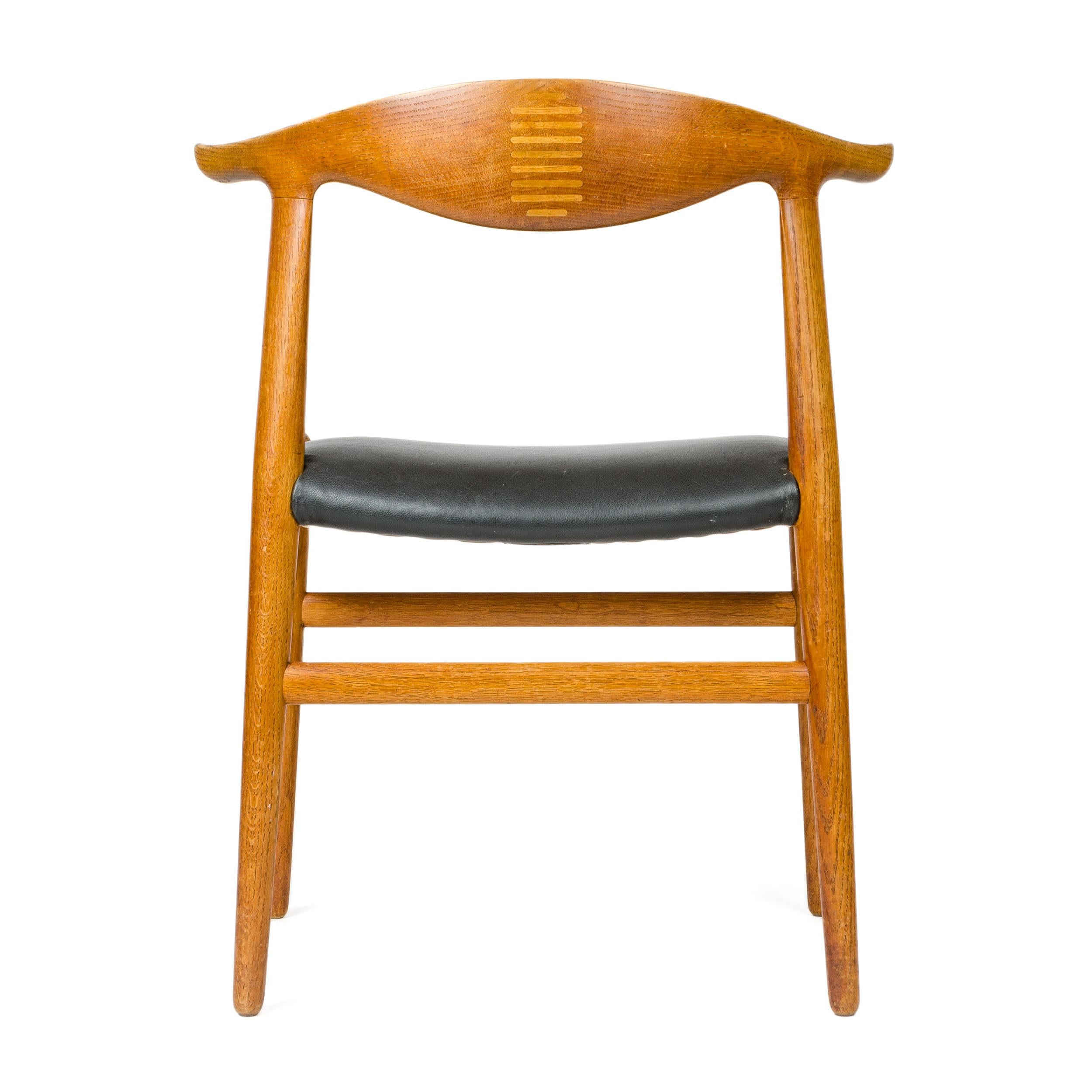 Leather 1950s Danish Oak Cow Horn Chair by Hans J. Wegner for Johannes Hansen