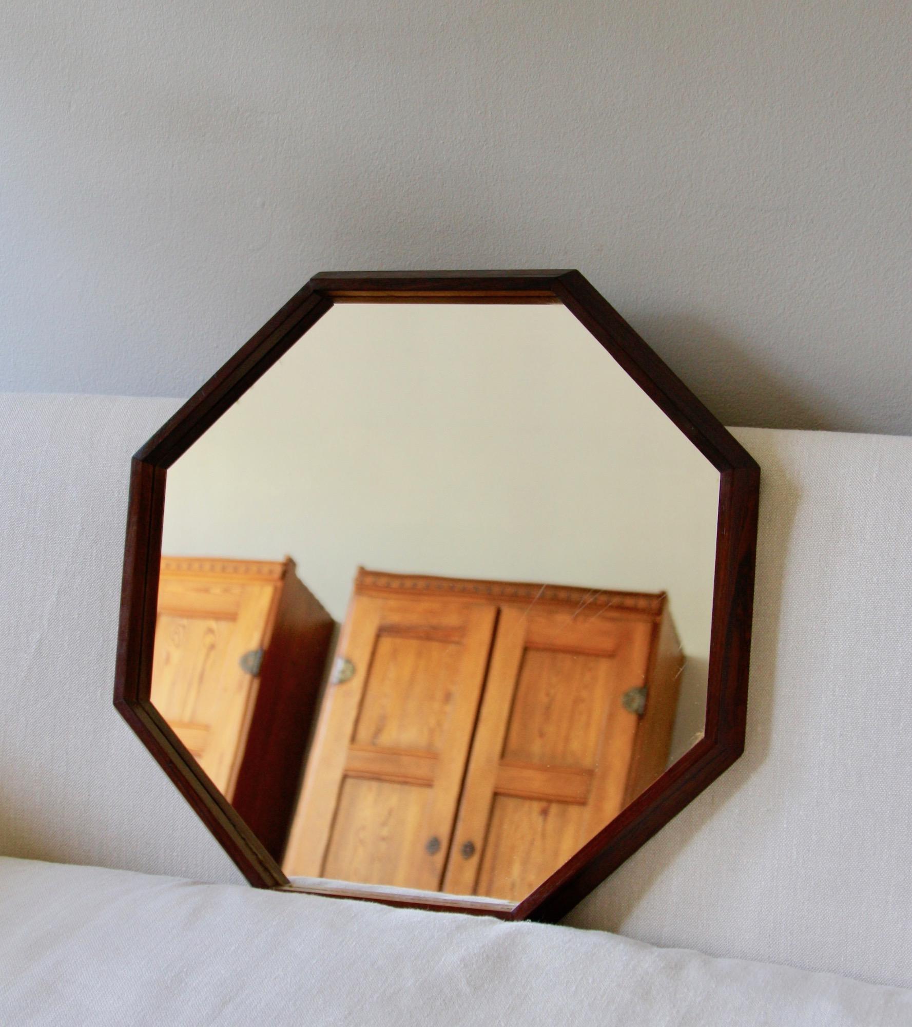 1950s Danish Octagonal Vintage Rosewood Wall Mirror In Good Condition In London, GB