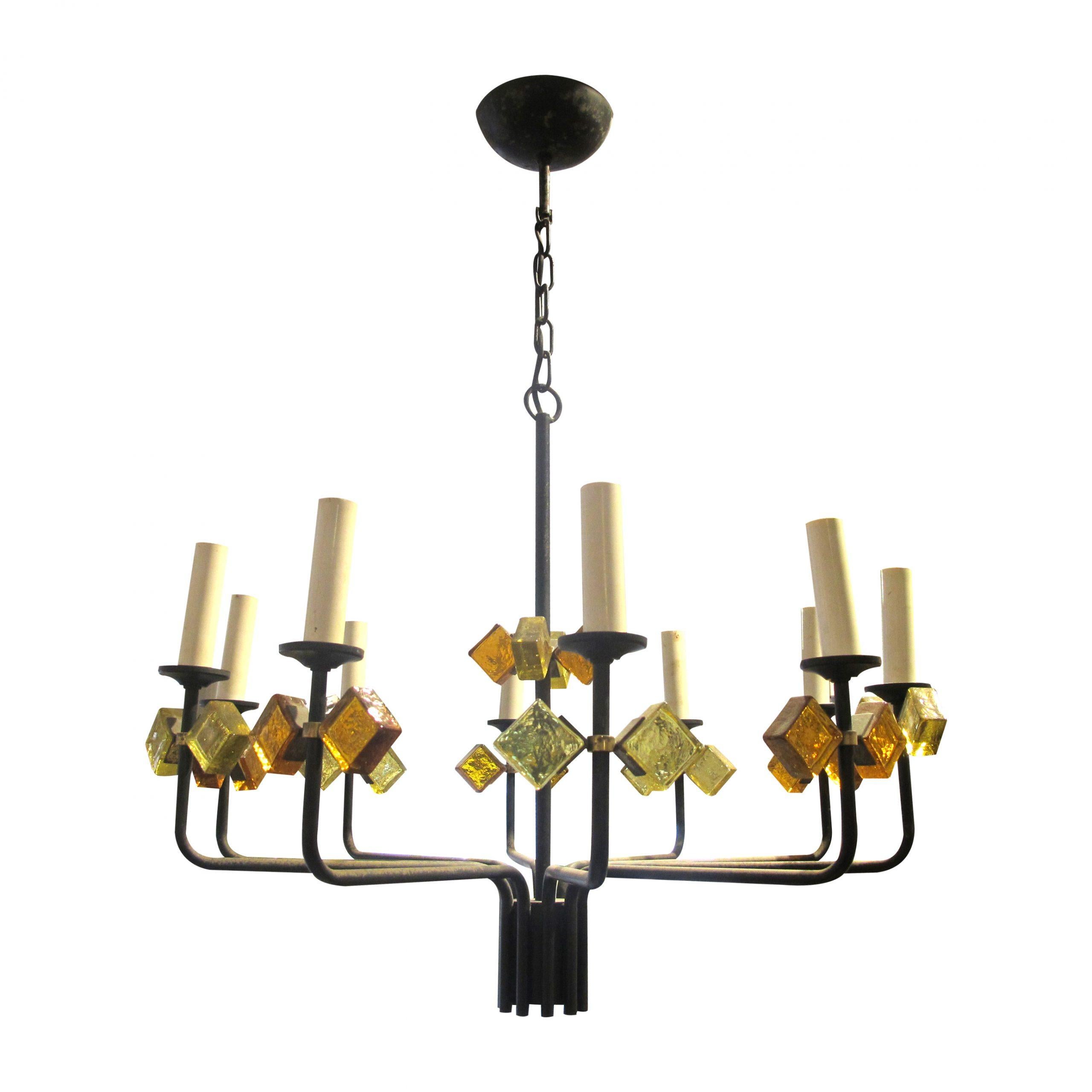 Mid-Century Modern 1950s Danish Pair of Iron and Coloured Glass Chandelier By Svend Aage Holm Soren en vente