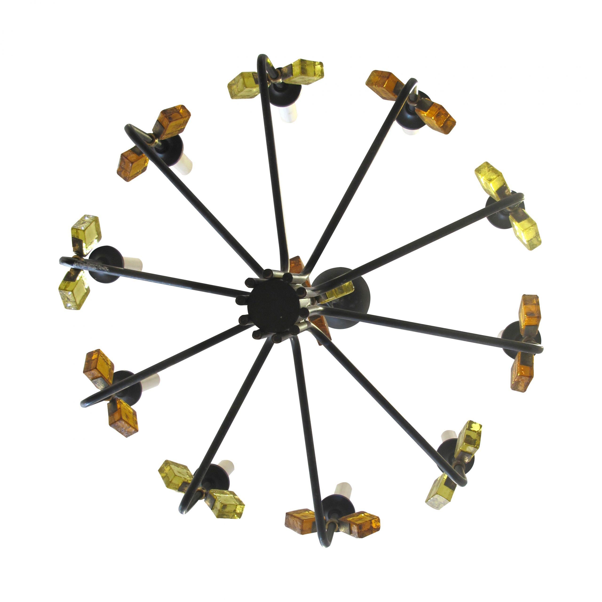 Mid-20th Century 1950s Danish Pair of Iron and Coloured Glass Chandelier By Svend Aage Holm Soren For Sale