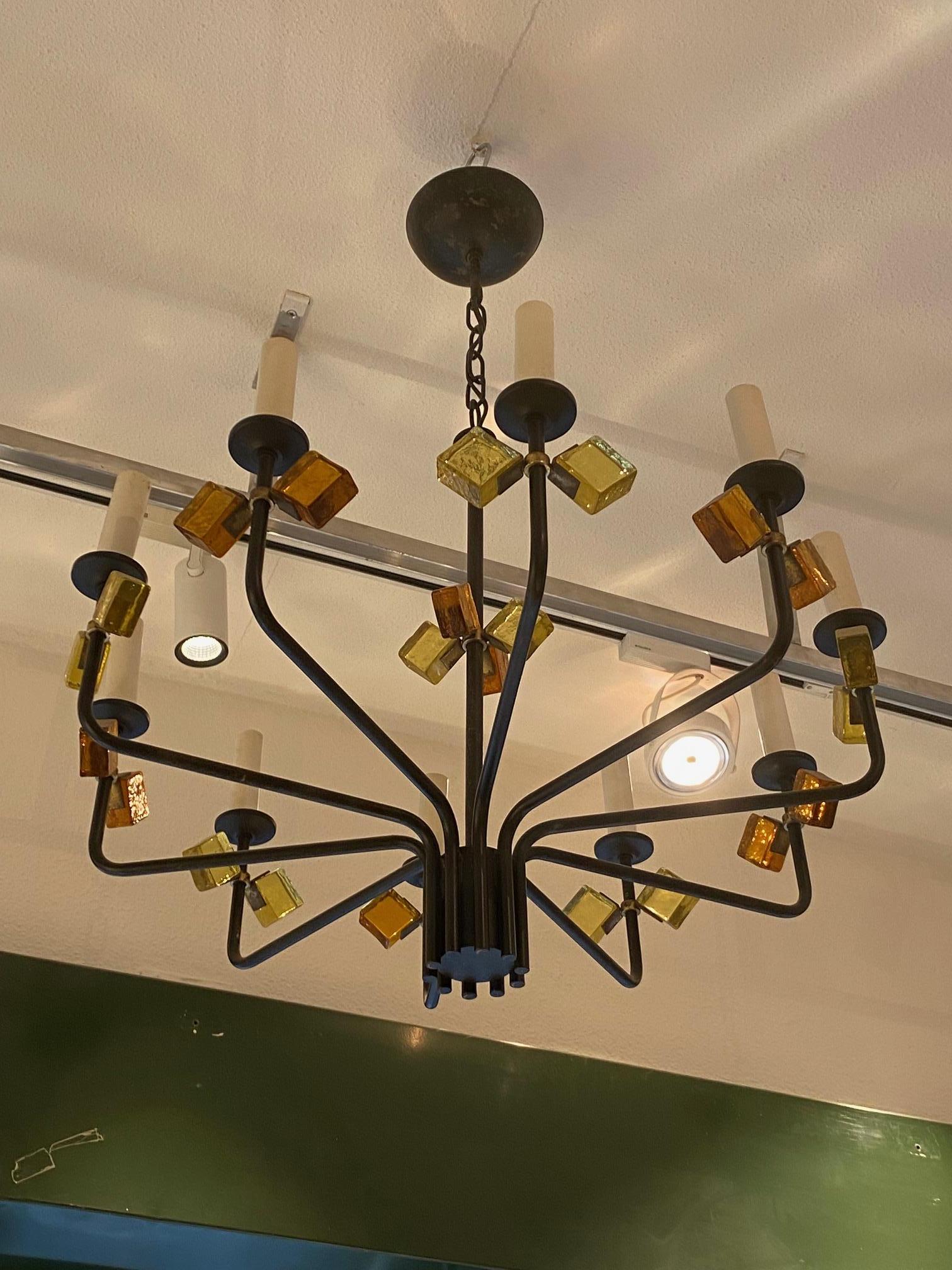 1950s Danish Pair of Iron and Coloured Glass Chandelier By Svend Aage Holm Soren For Sale 2