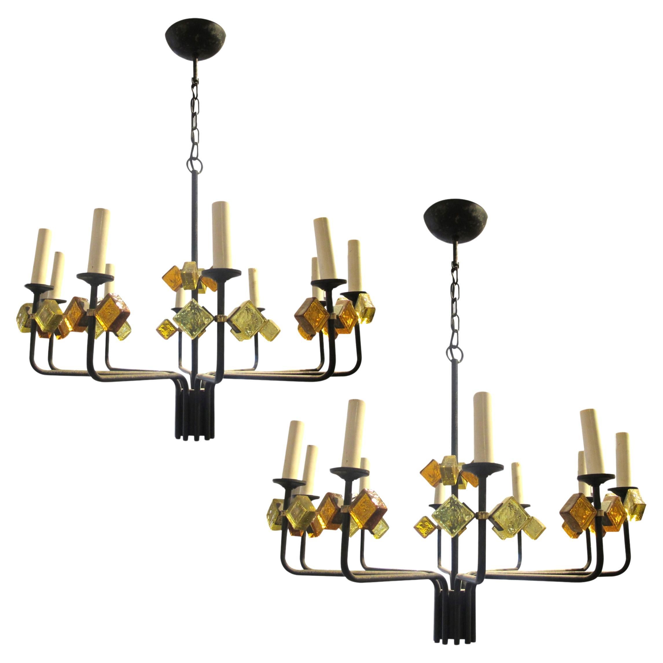 1950s Danish Pair of Iron and Coloured Glass Chandelier By Svend Aage Holm Soren en vente