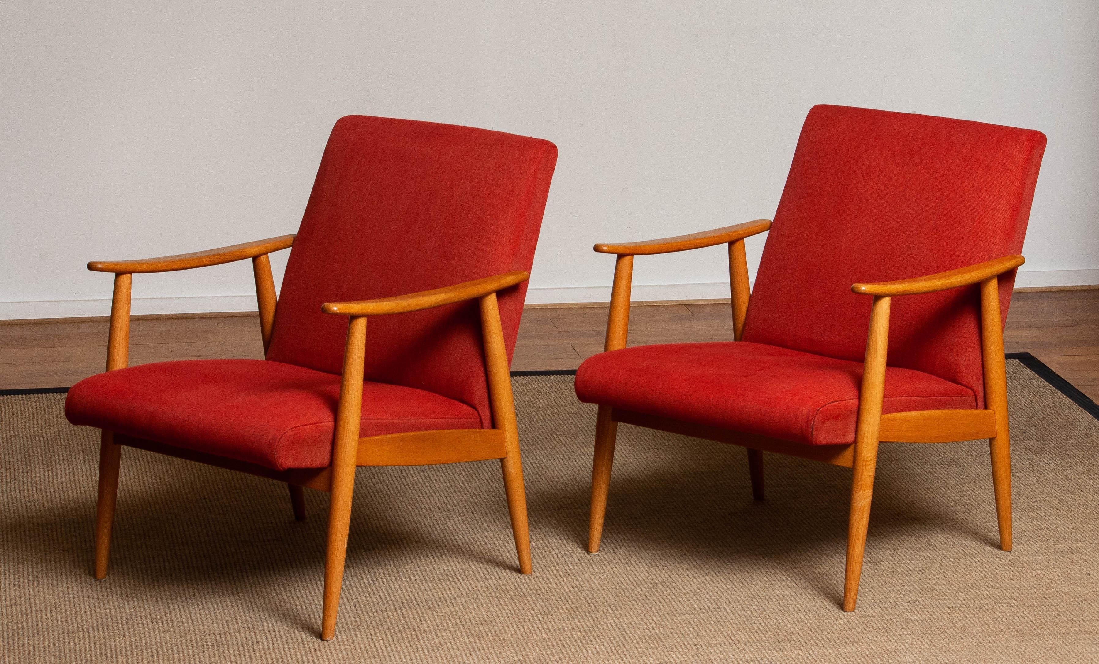 1950s Danish Pair of Slim Oak Cigar / Lounge Chairs Upholstered Vintage Red Wool 5