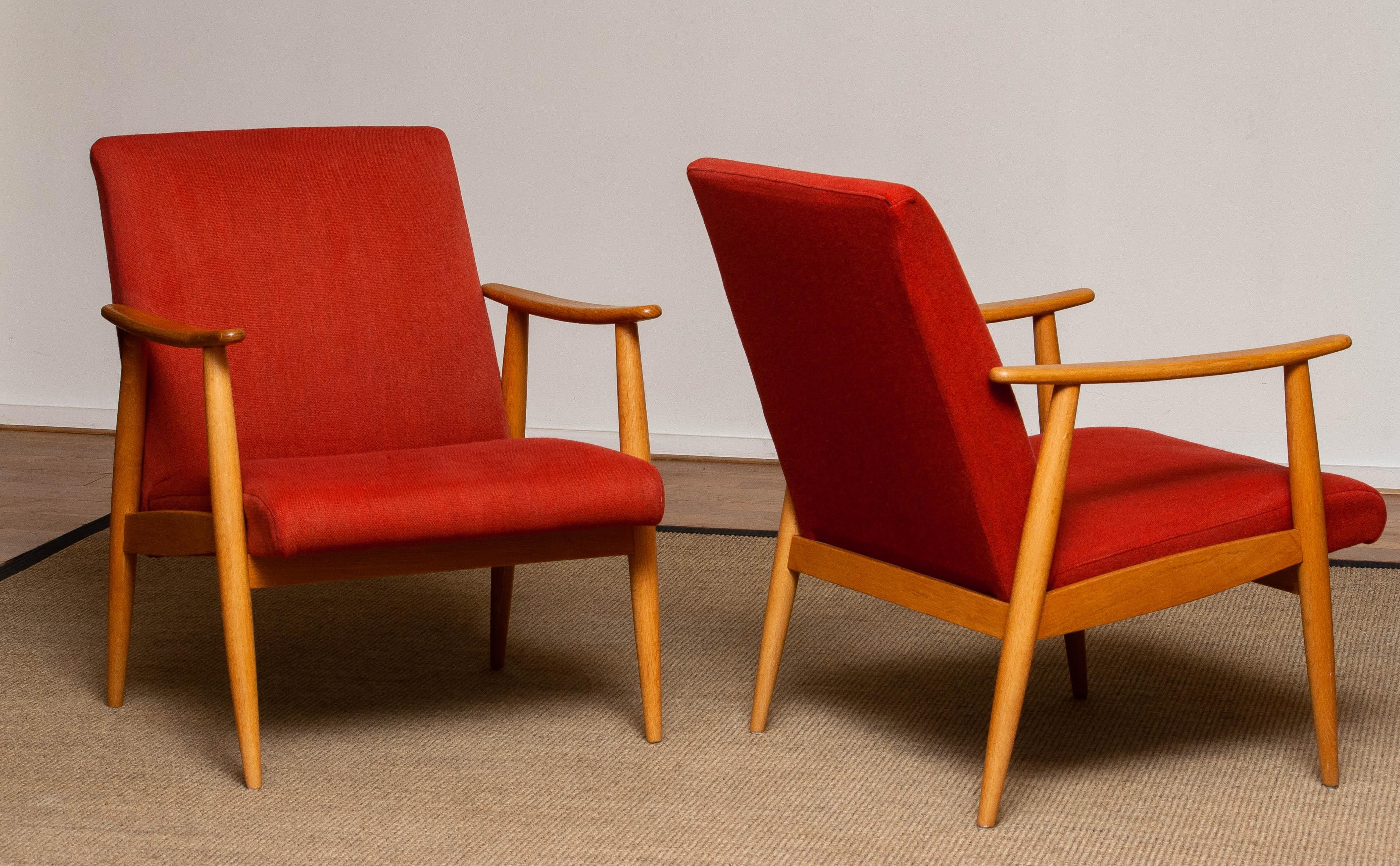 1950s Danish Pair of Slim Oak Cigar / Lounge Chairs Upholstered Vintage Red Wool 8
