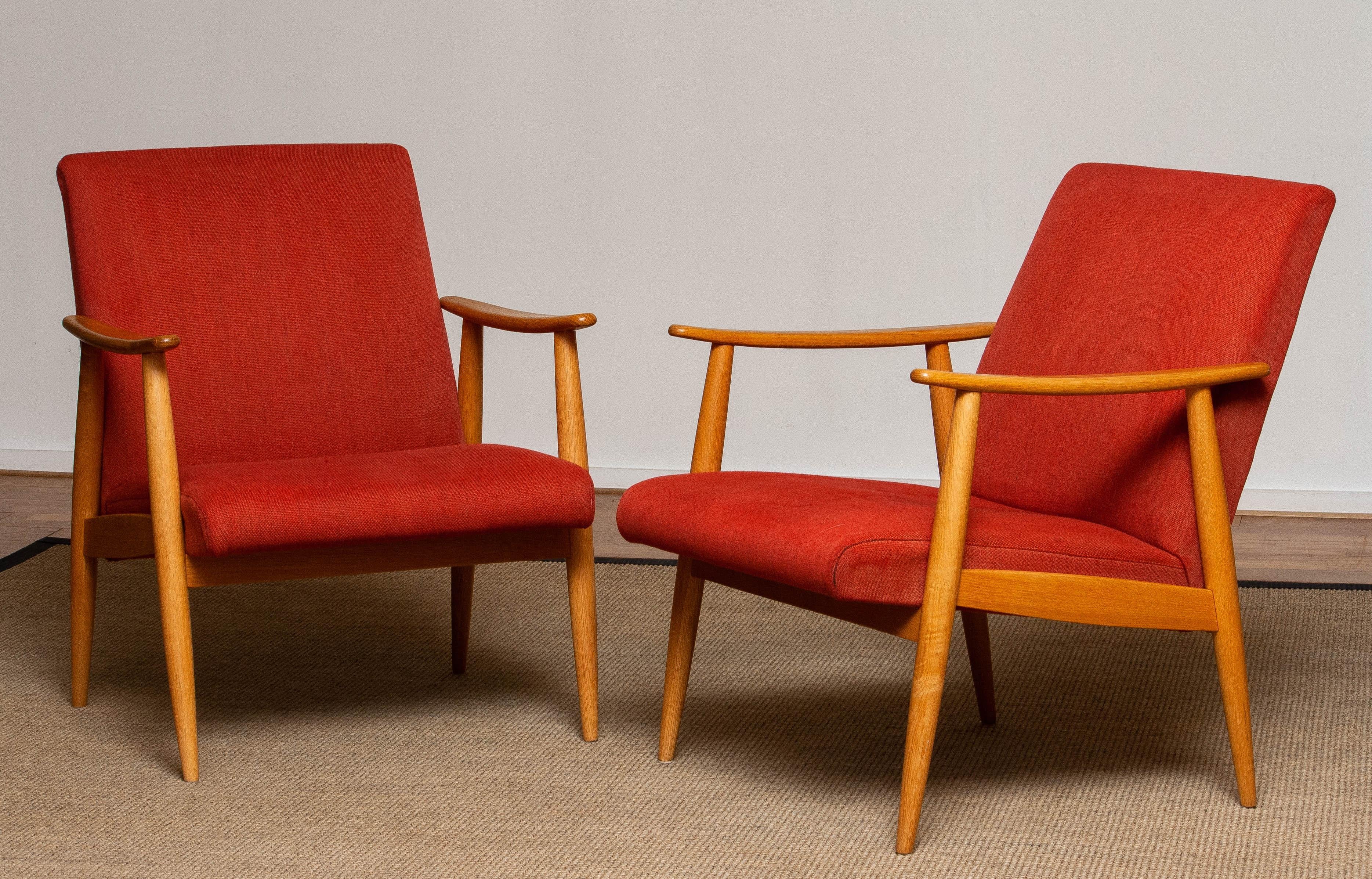 Scandinavian Modern 1950s Danish Pair of Slim Oak Cigar / Lounge Chairs Upholstered Vintage Red Wool