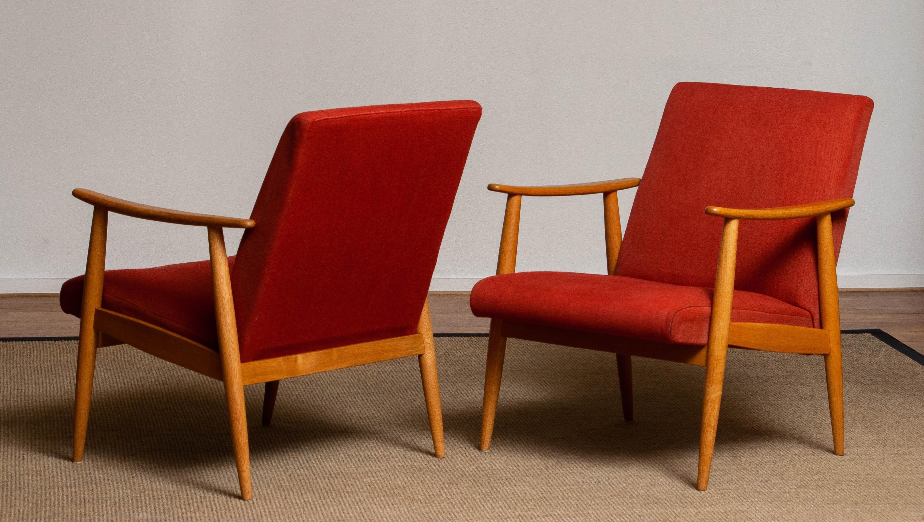 1950s Danish Pair of Slim Oak Cigar / Lounge Chairs Upholstered Vintage Red Wool 1