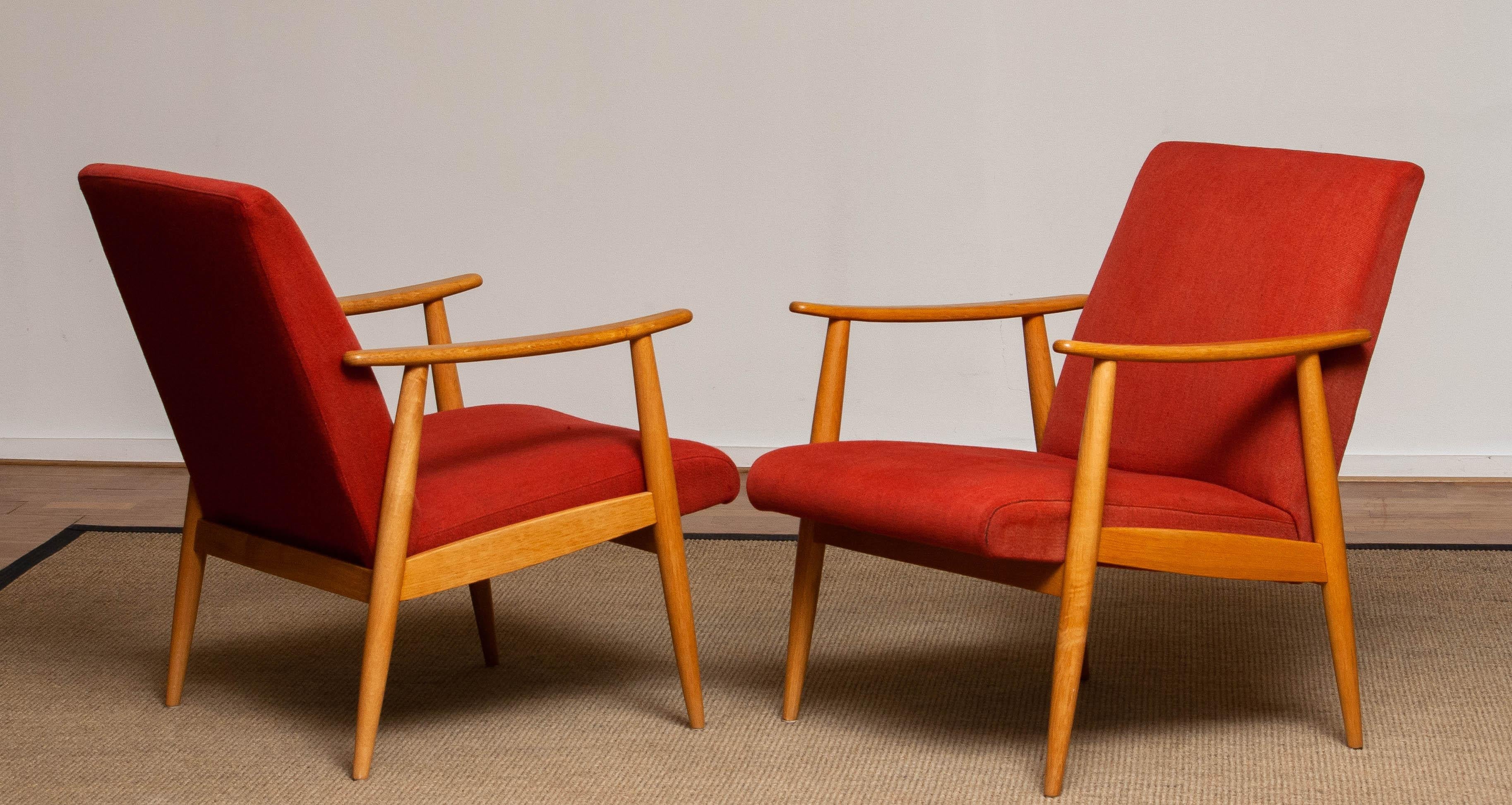 1950s Danish Pair of Slim Oak Cigar / Lounge Chairs Upholstered Vintage Red Wool 2