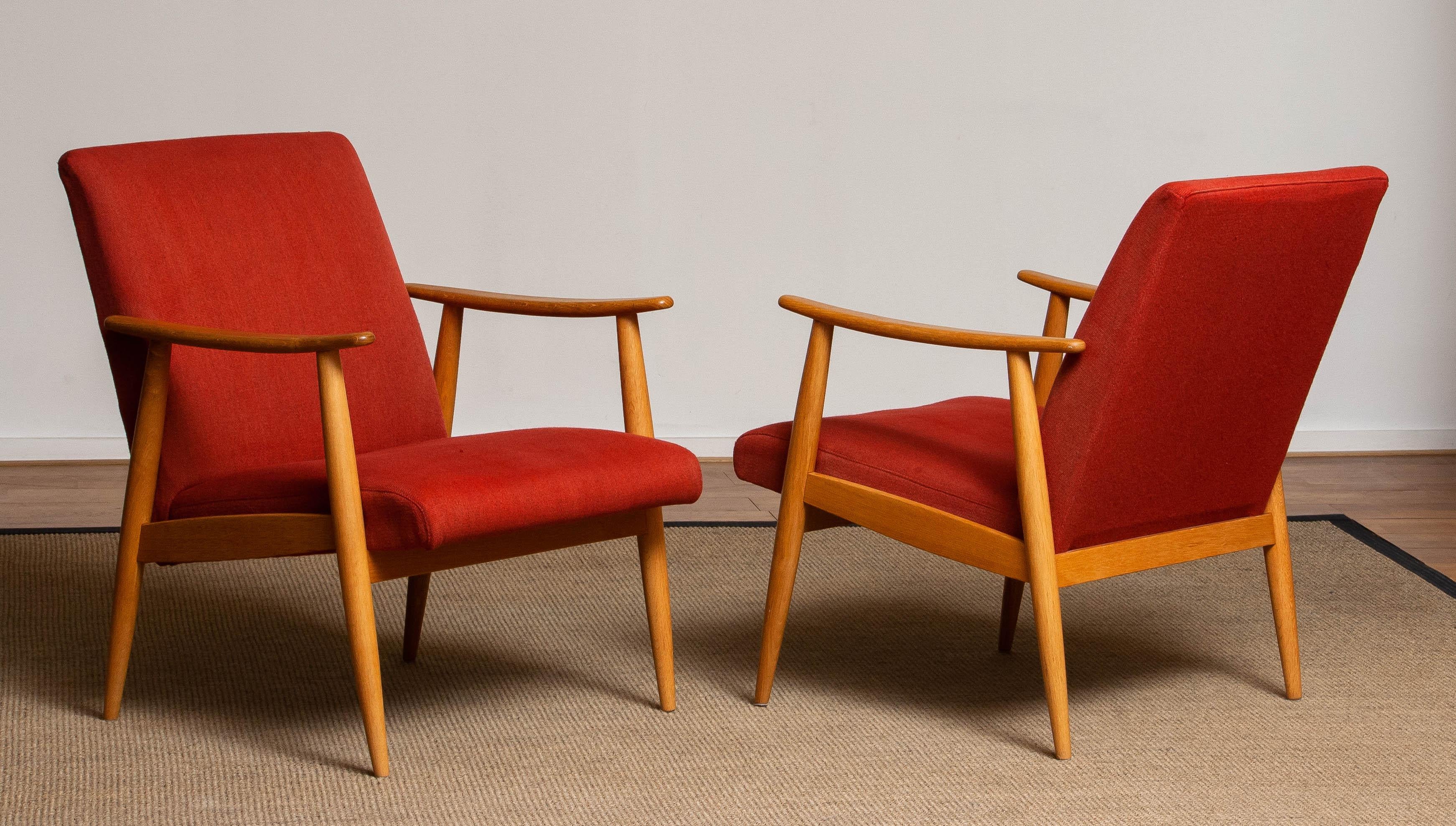 1950s Danish Pair of Slim Oak Cigar / Lounge Chairs Upholstered Vintage Red Wool 3