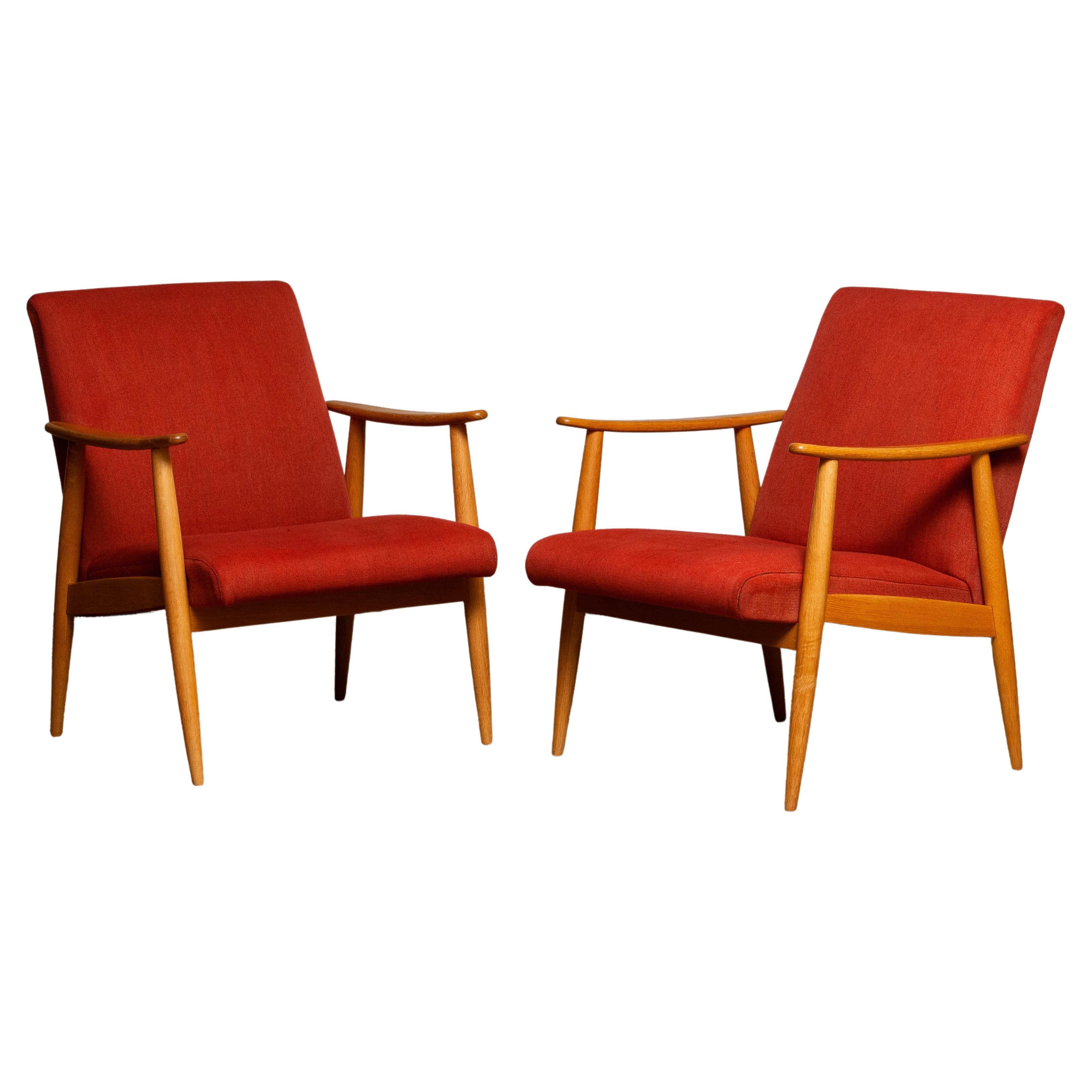 1950s Danish Pair of Slim Oak Cigar / Lounge Chairs Upholstered Vintage Red Wool