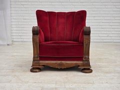 1950s, Danish relax armchair, furniture velour, carved oak wood.