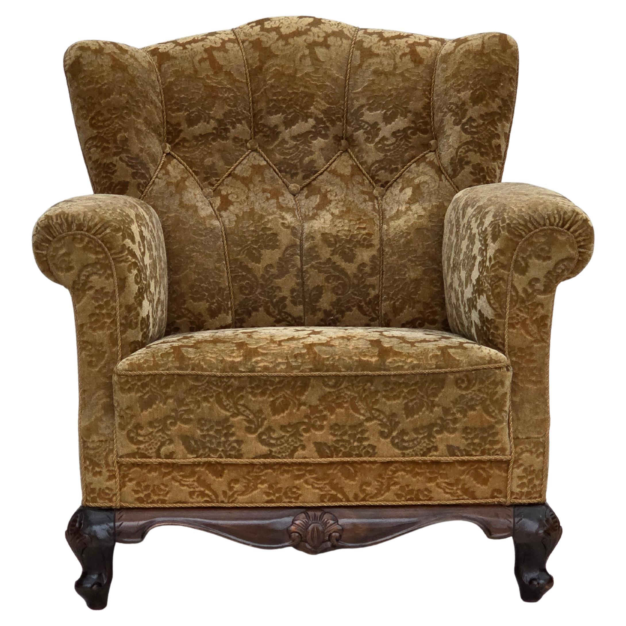 Años 50, sillón relax danés, muebles de terciopelo, madera de roble tallada.