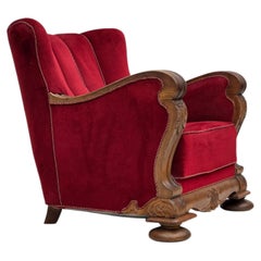 1950s, Danish relax armchair, furniture velour, carved oak wood.