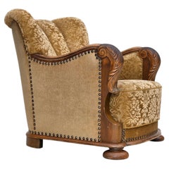 1950s, Danish relax armchair, furniture velour, carved oak wood.