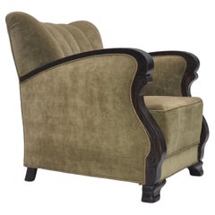 1950s, Danish relax armchair, green furniture velour, beech wood.
