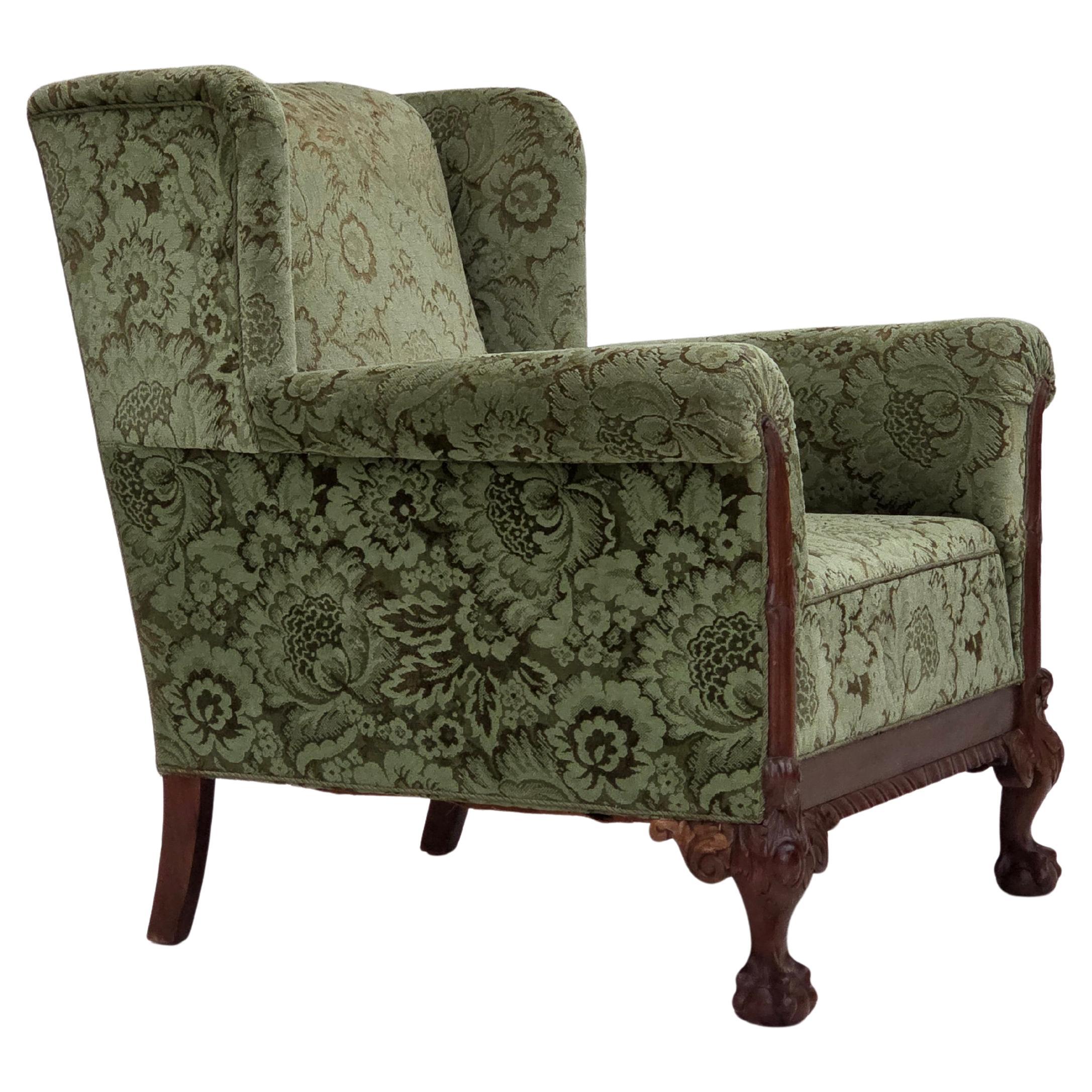 Años 50, sillón relax danés, muebles de terciopelo verde, madera de roble tallada.