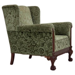Años 50, sillón relax danés, muebles de terciopelo verde, madera de roble tallada.