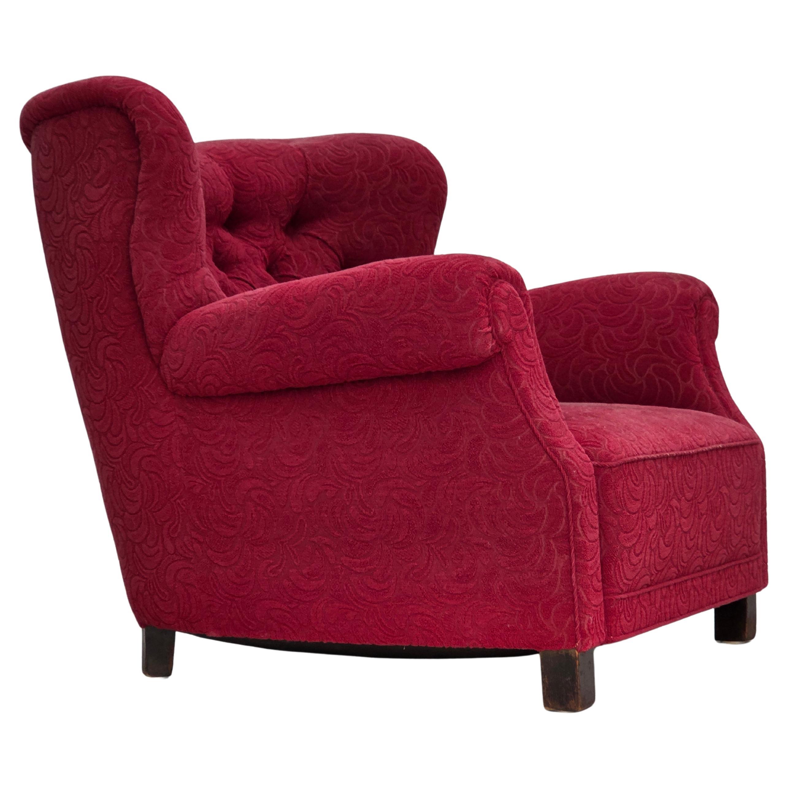 1950s, Danish relax armchair, red furniture fabric, ash wood legs.