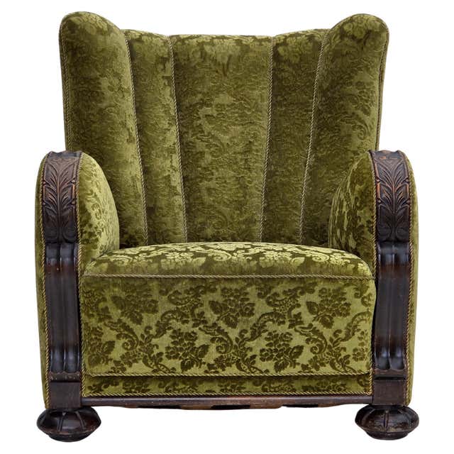 1950s, Danish relax armchair, furniture velour, carved oak wood. For ...