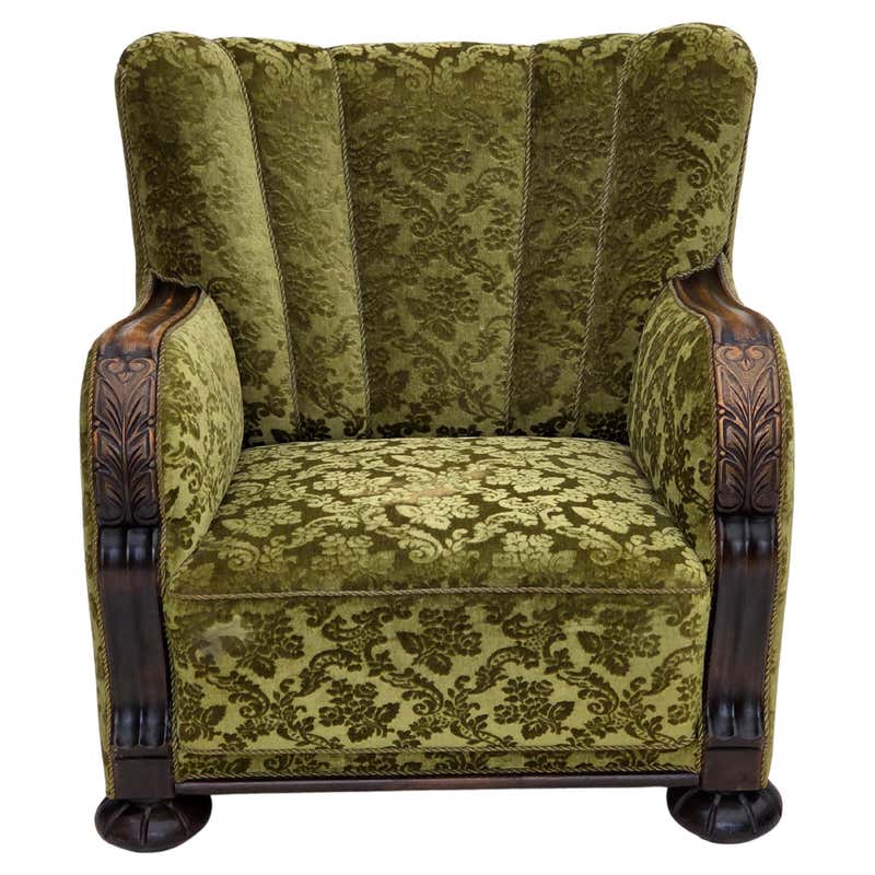 1950s, Danish relax armchair, furniture velour, carved oak wood. For ...