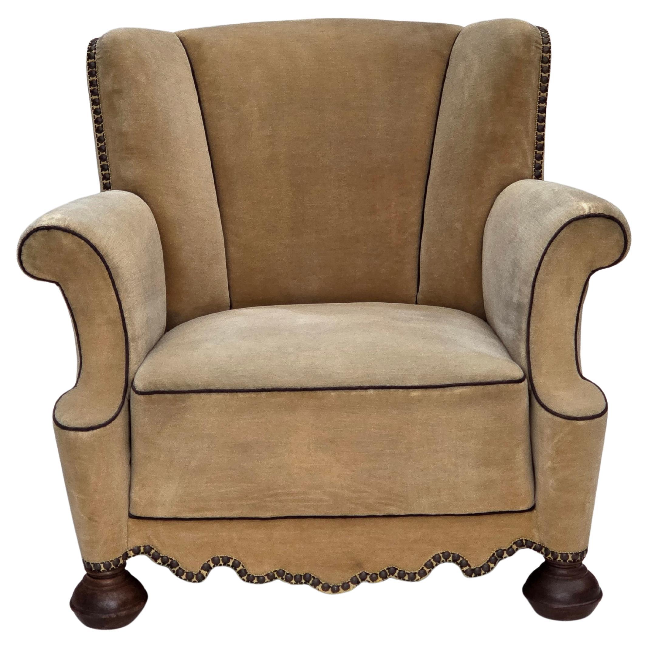 1950s, Danish relax chair, furniture velour with patina, oak wood legs.