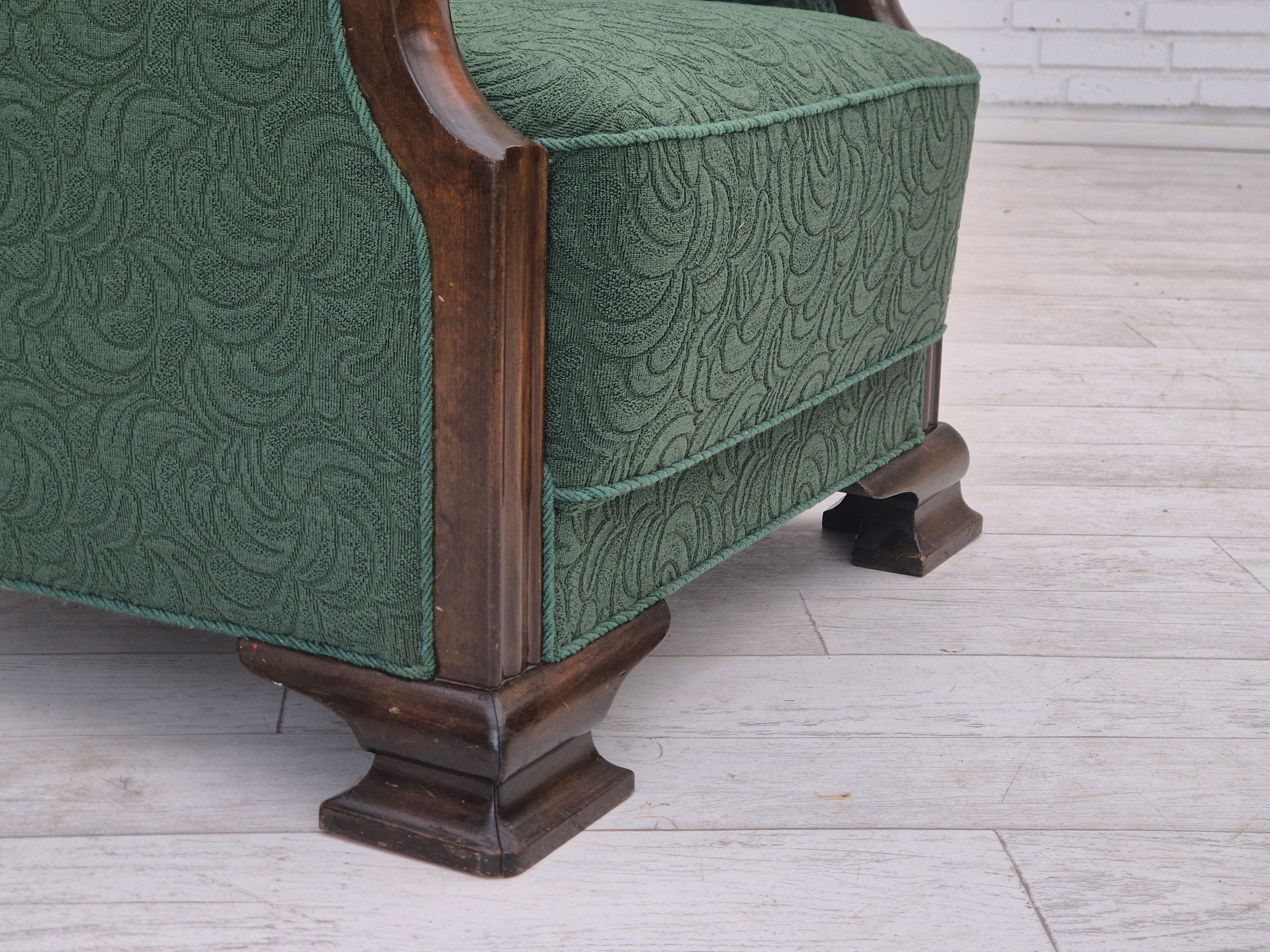 1950s, Danish relax chair, green furniture blend wool fabric, beech wood. For Sale 4