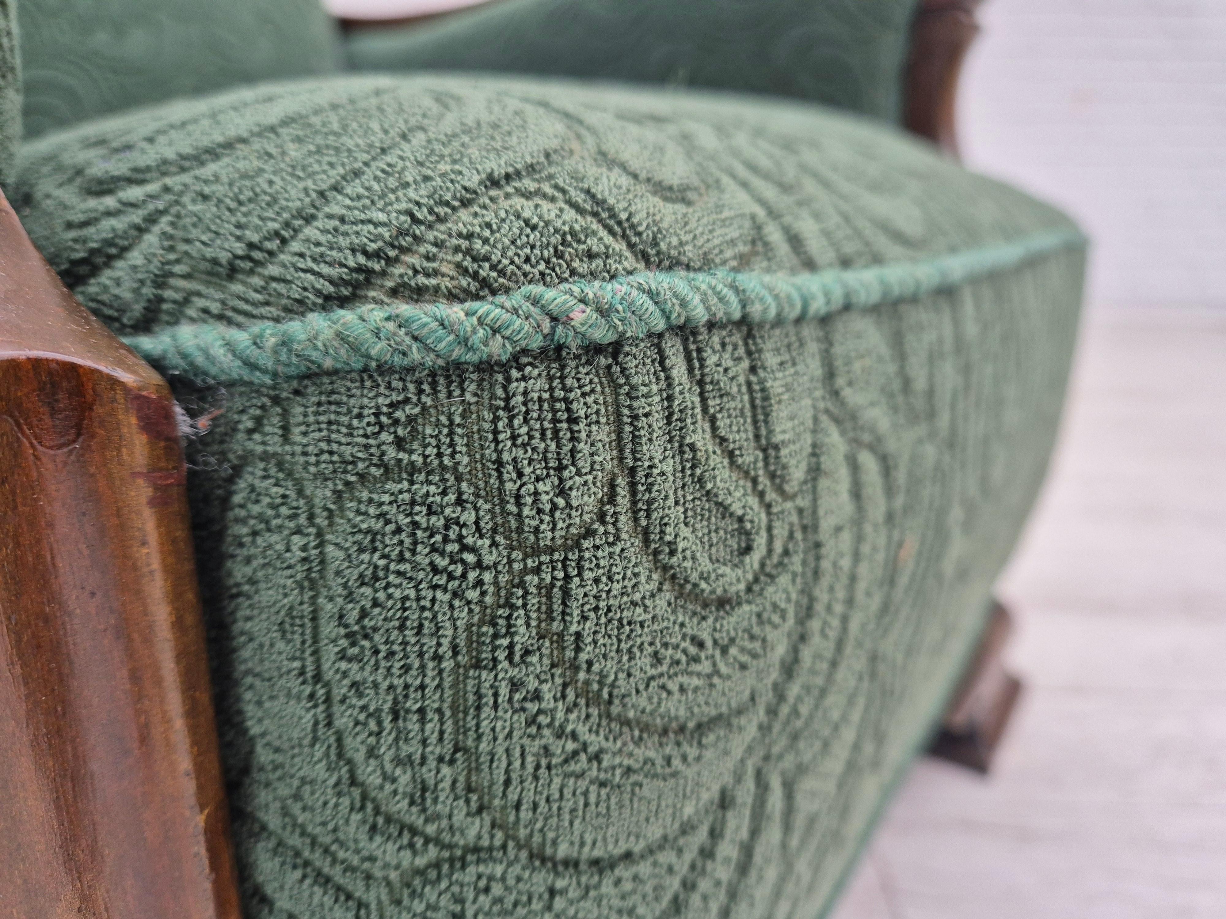 1950s, Danish relax chair, green furniture blend wool fabric, beech wood. For Sale 6