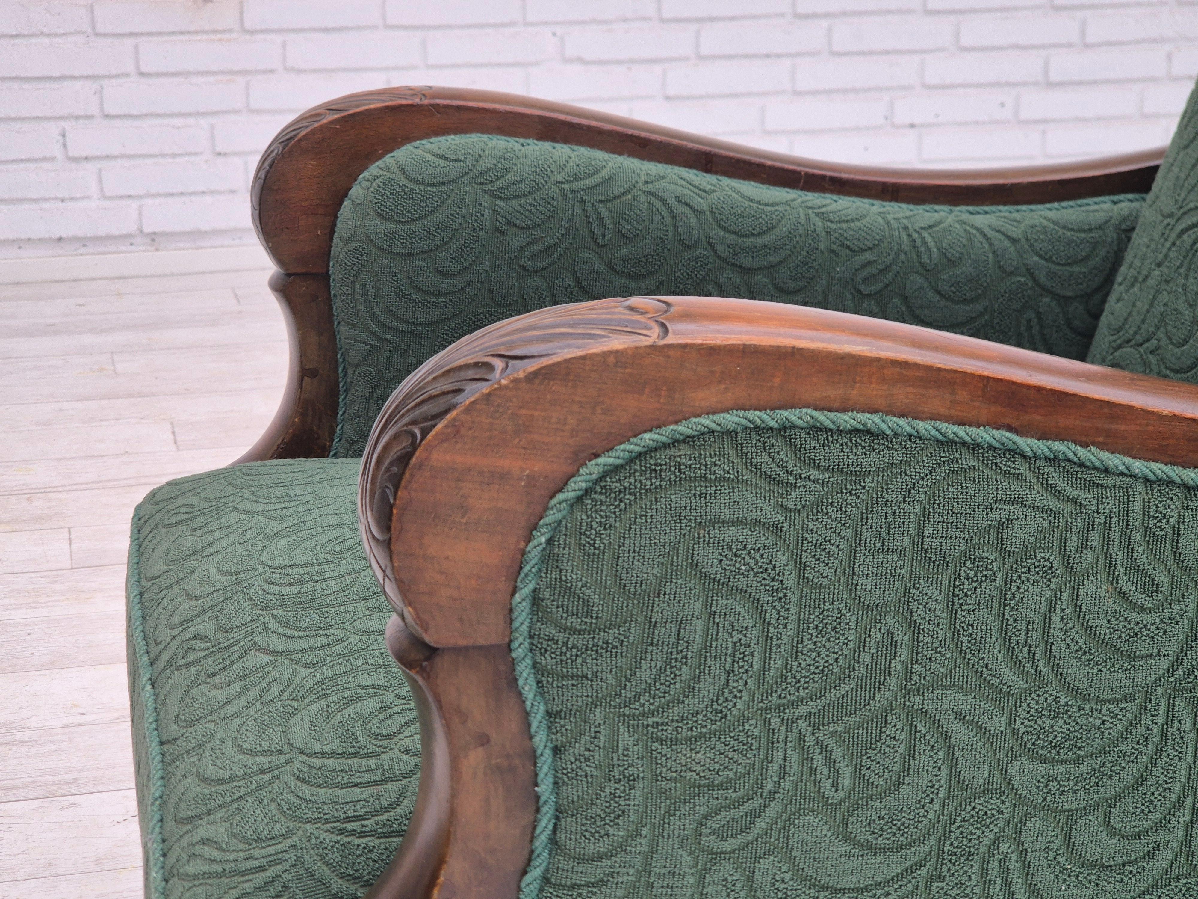 1950s, Danish relax chair, green furniture blend wool fabric, beech wood. For Sale 11