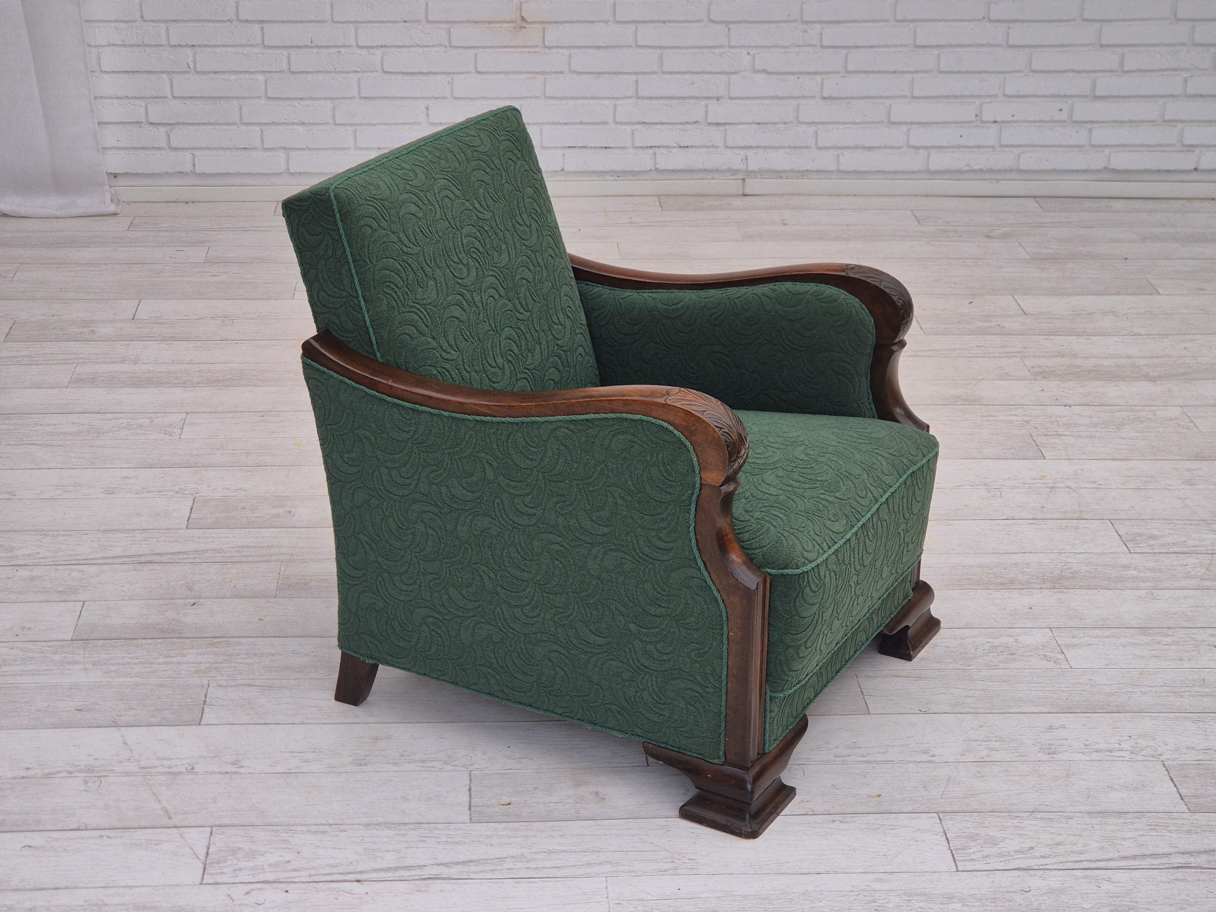 1950s, Danish relax chair. Green furniture blend wool fabric, beech wood, brass springs in the seat. Chairs were reupholstered by craftsman about 15 years ago. Very good condition: no smells, no stains, and stable construction. Manufactured by