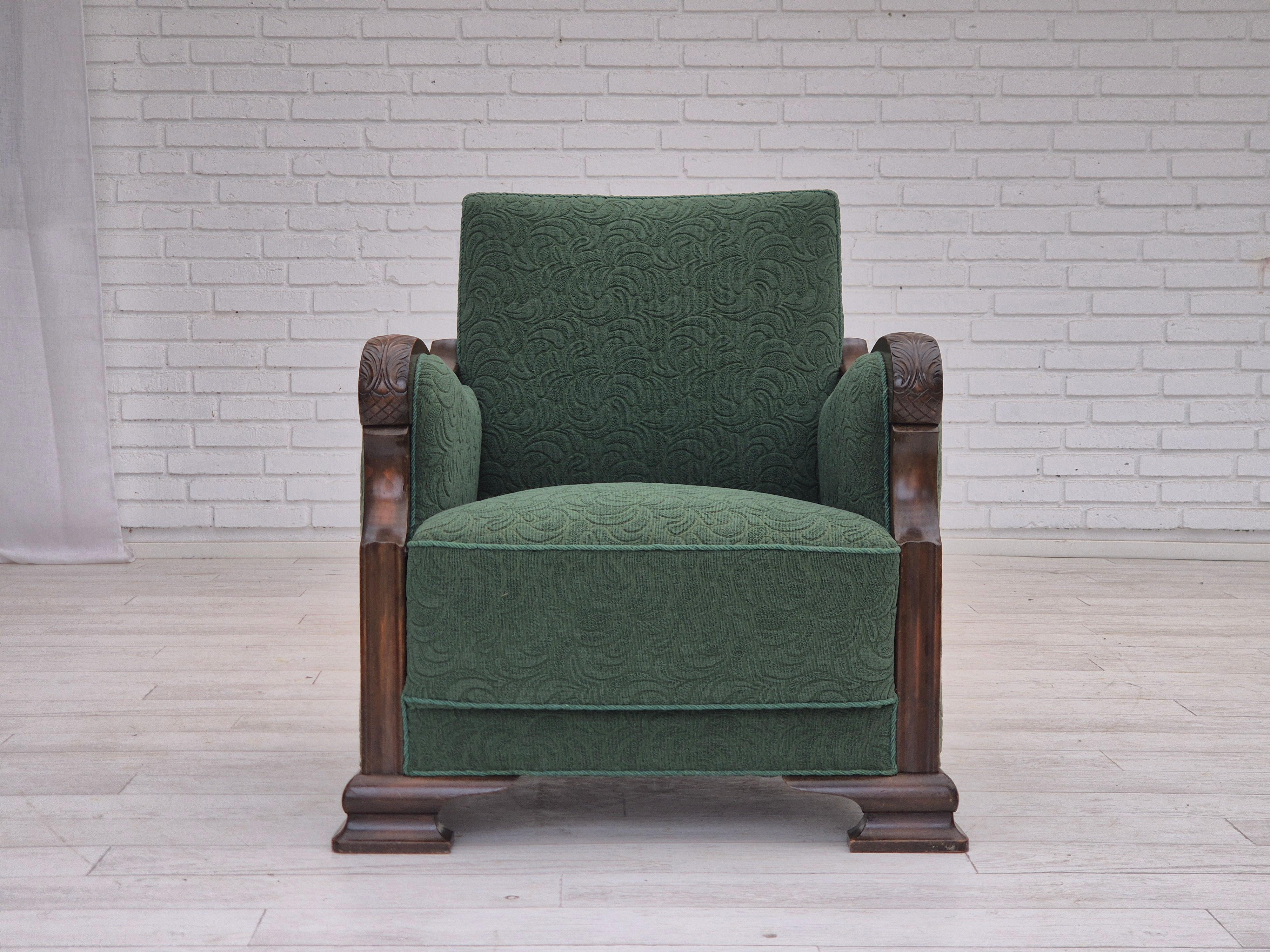 Scandinavian Modern 1950s, Danish relax chair, green furniture blend wool fabric, beech wood. For Sale