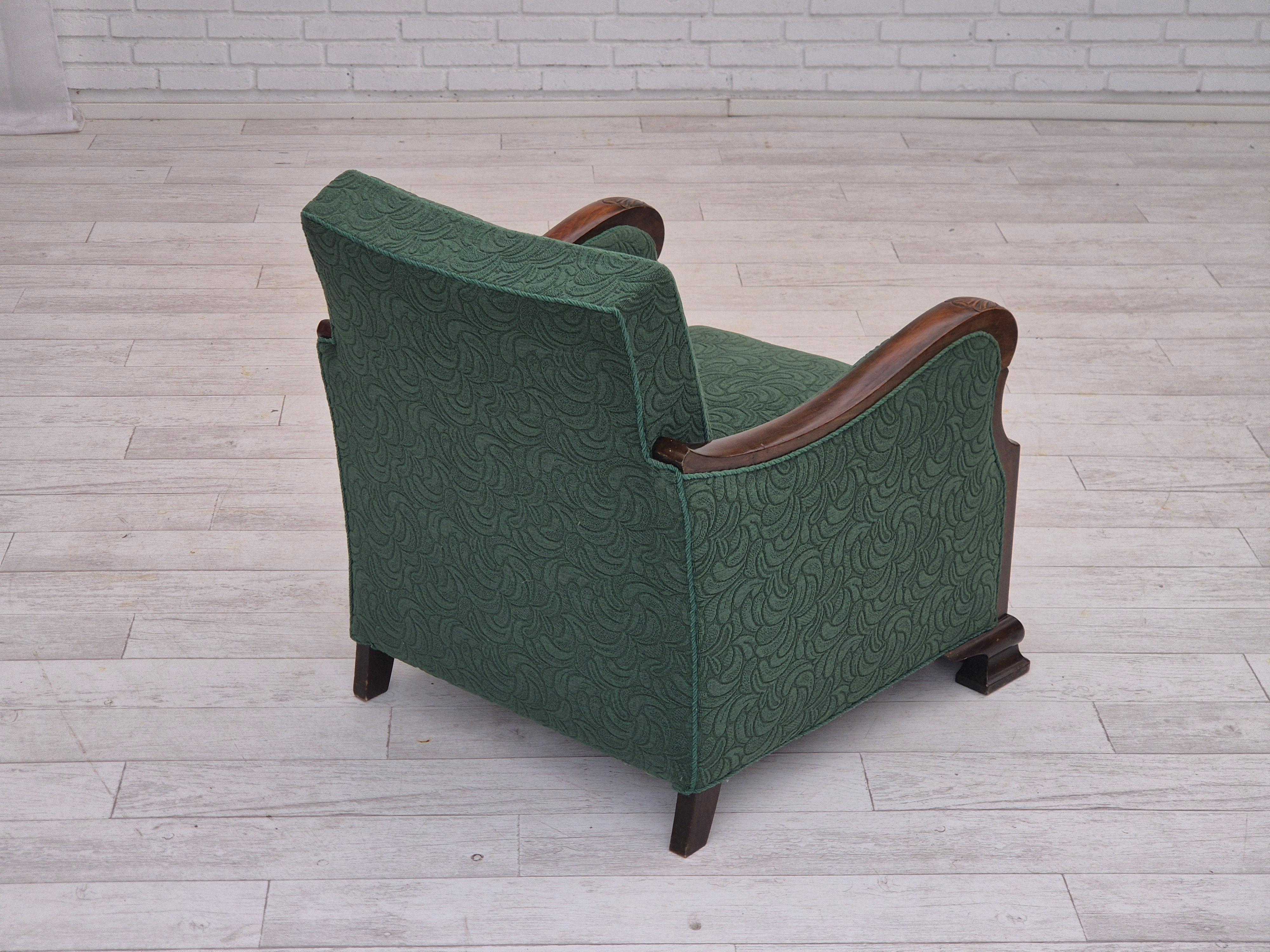 Mid-20th Century 1950s, Danish relax chair, green furniture blend wool fabric, beech wood. For Sale