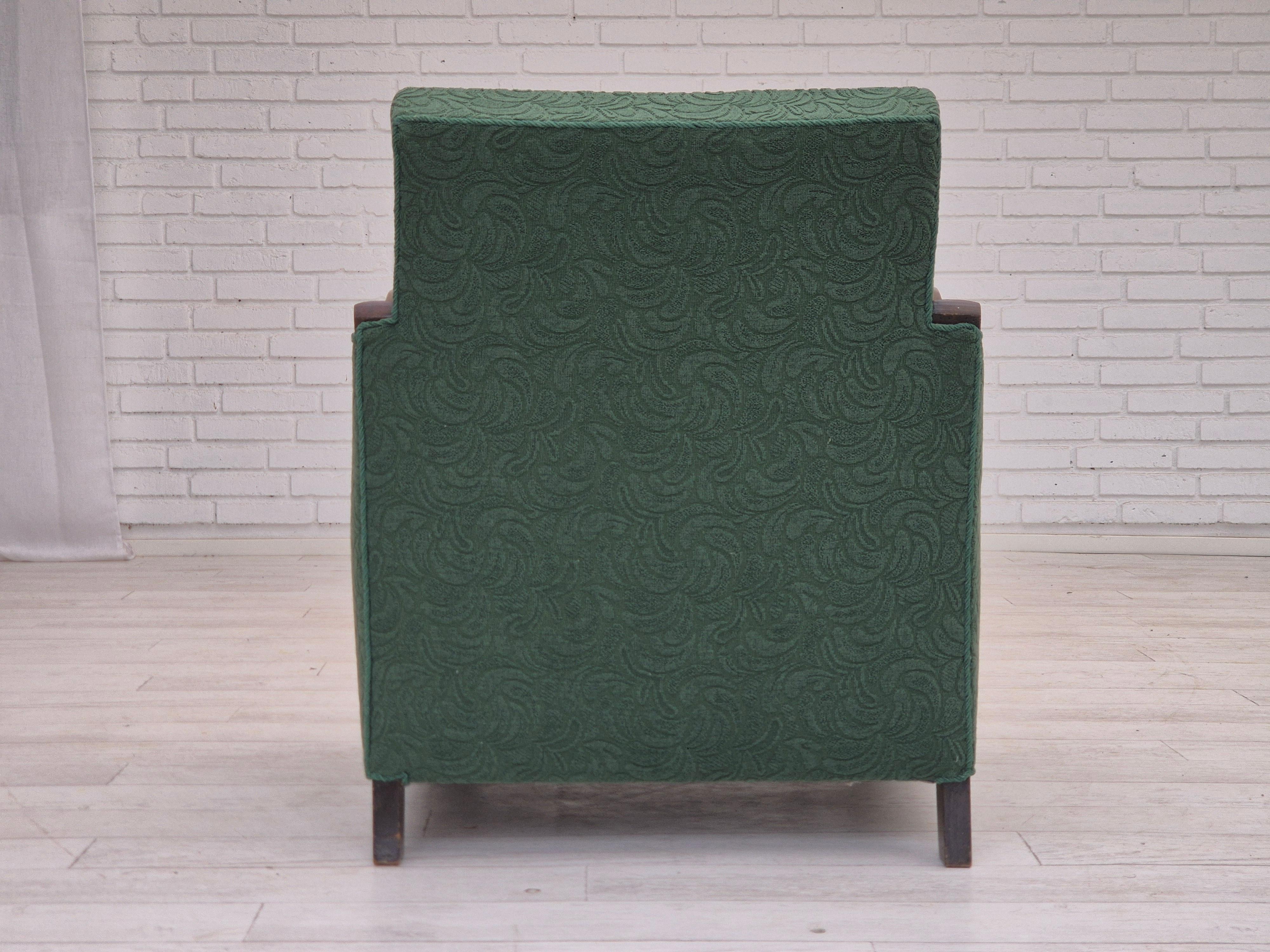 Wool 1950s, Danish relax chair, green furniture blend wool fabric, beech wood. For Sale