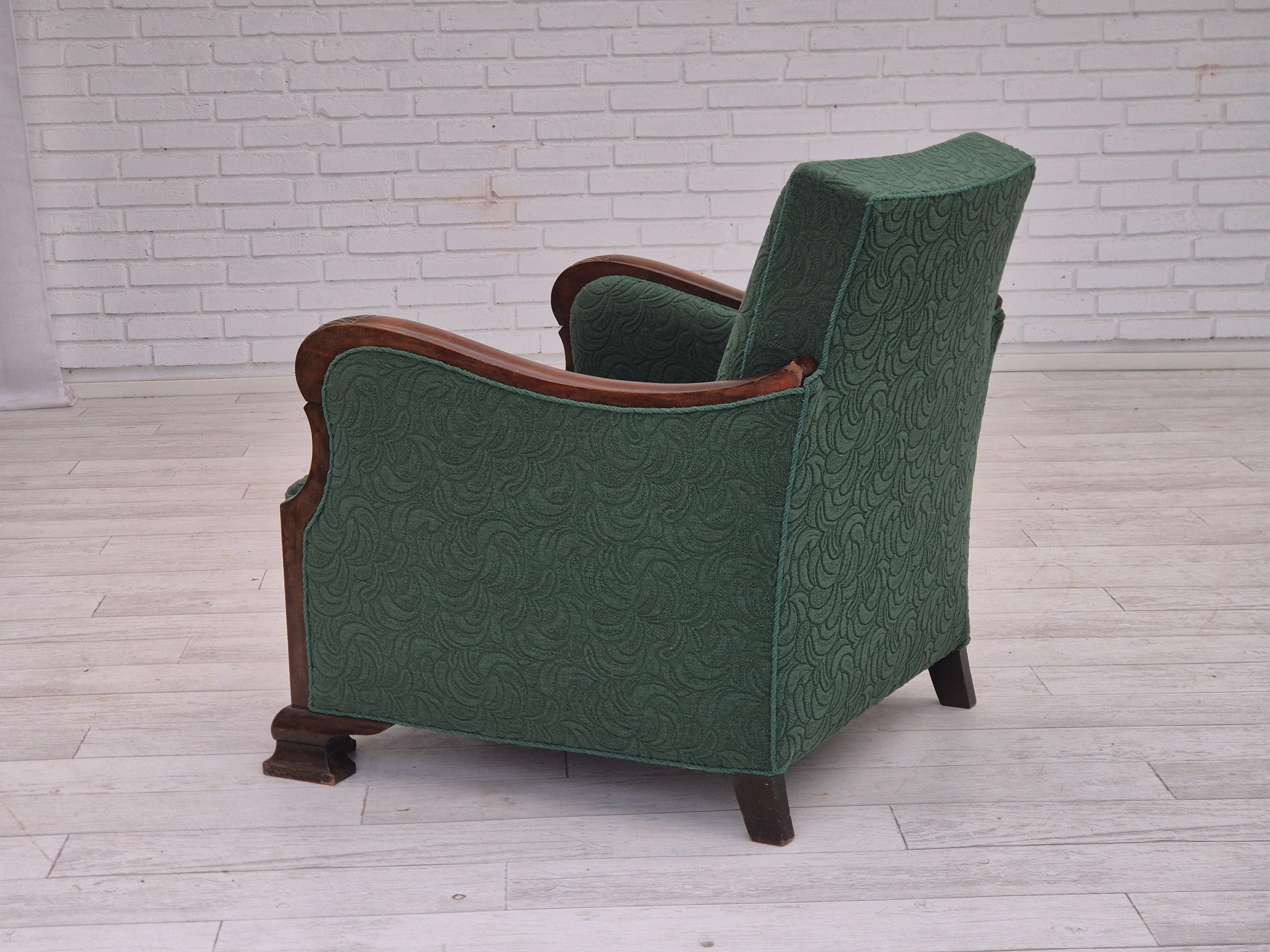 1950s, Danish relax chair, green furniture blend wool fabric, beech wood. For Sale 1