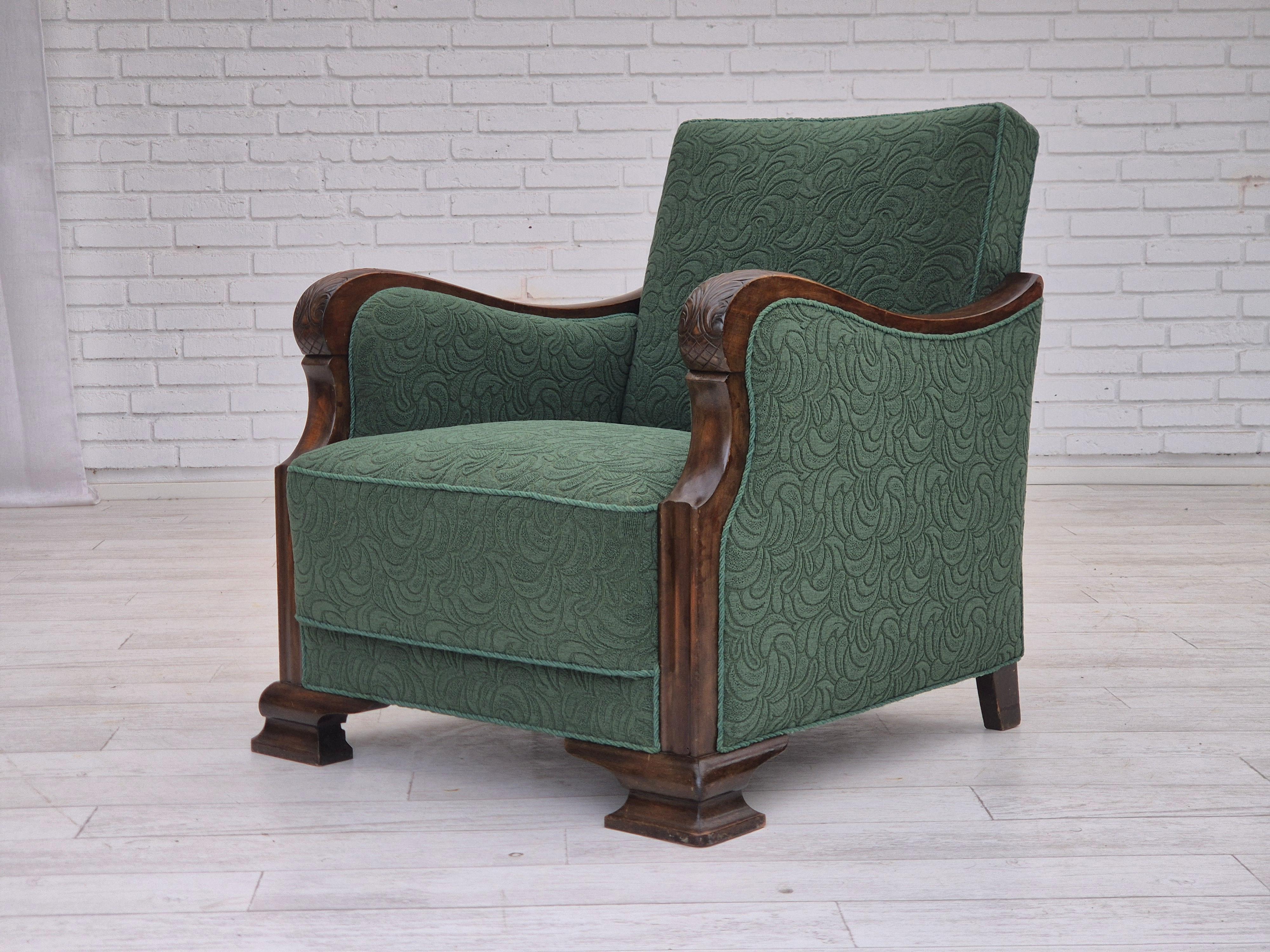 1950s, Danish relax chair, green furniture blend wool fabric, beech wood. For Sale 2