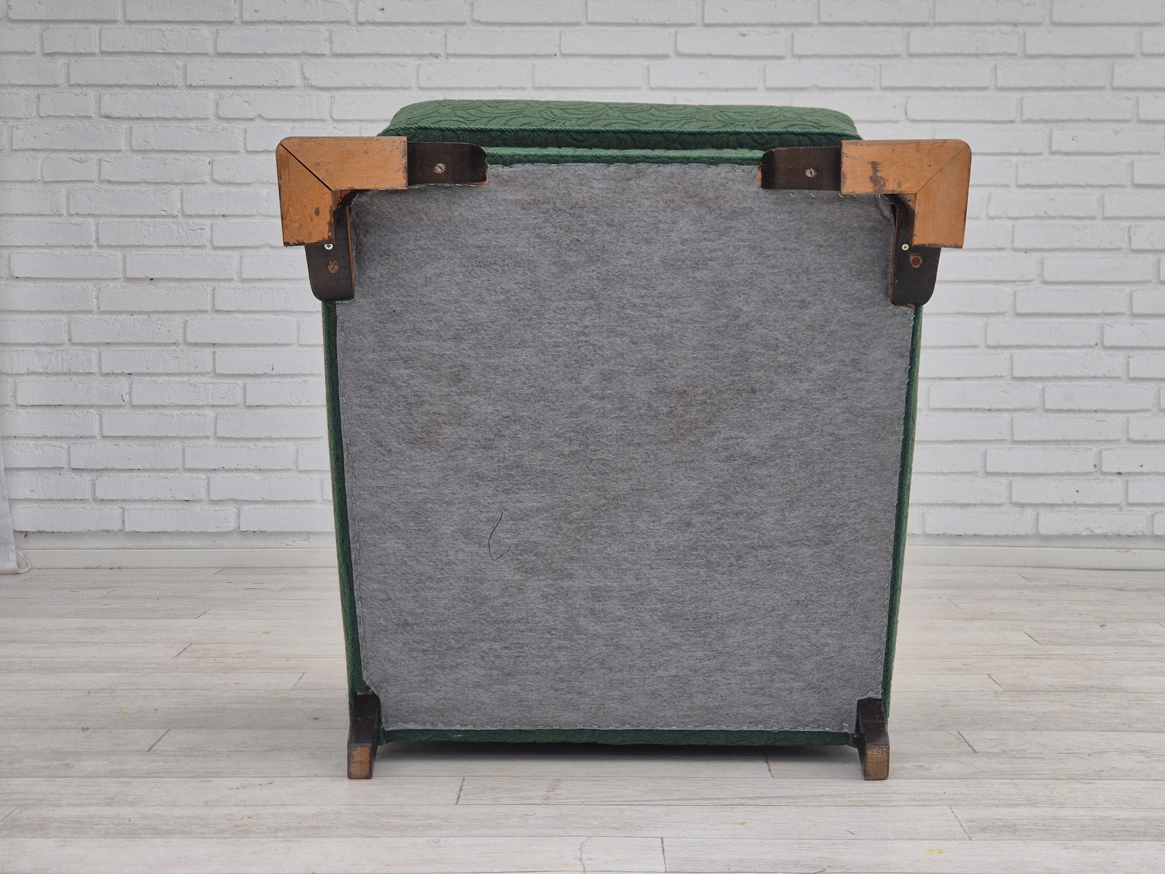 1950s, Danish relax chair, green furniture blend wool fabric, beech wood. For Sale 3