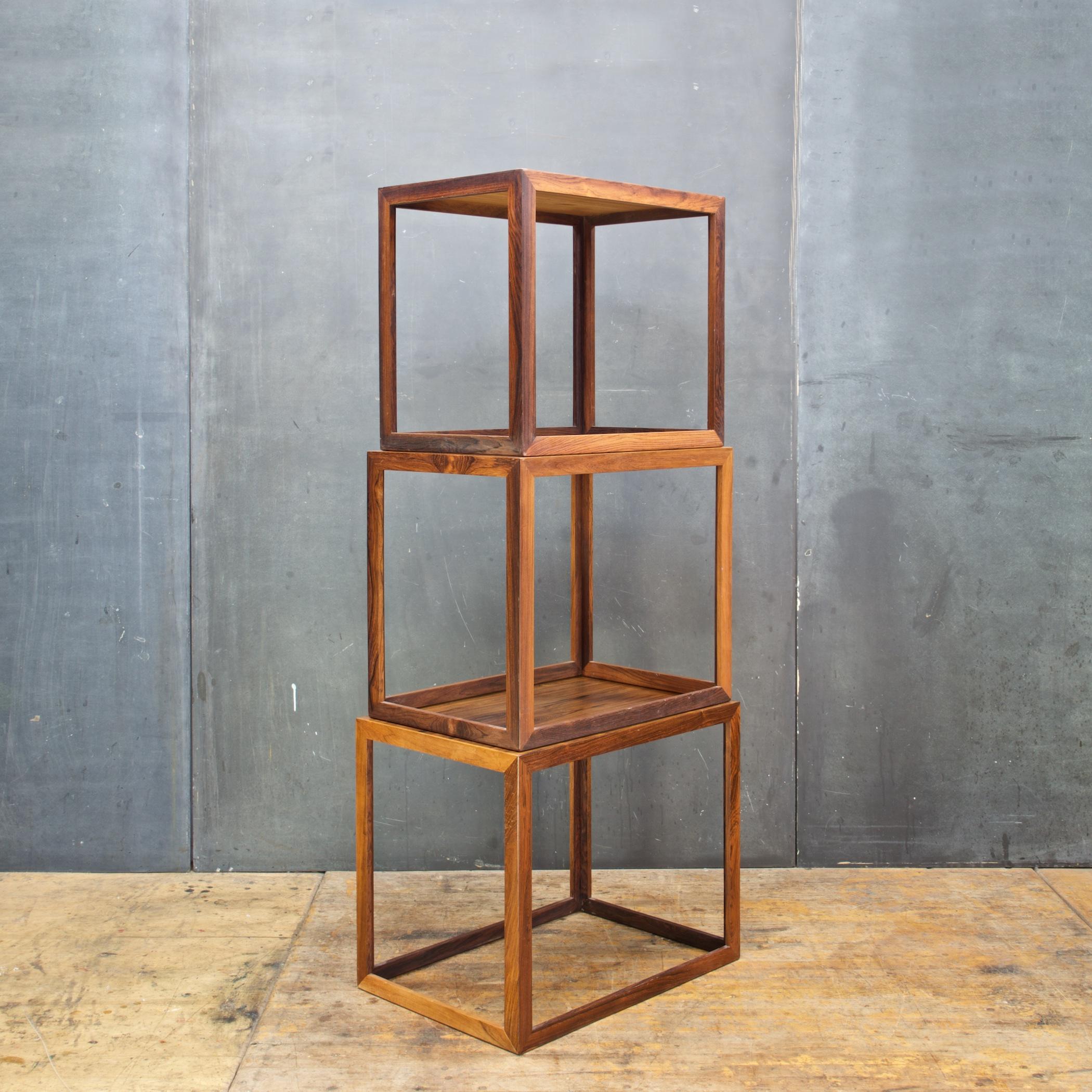 Lacquered 1950s Danish Rosewood Geometric Cube Stacking Cocktail Side Tables Mid-Century For Sale